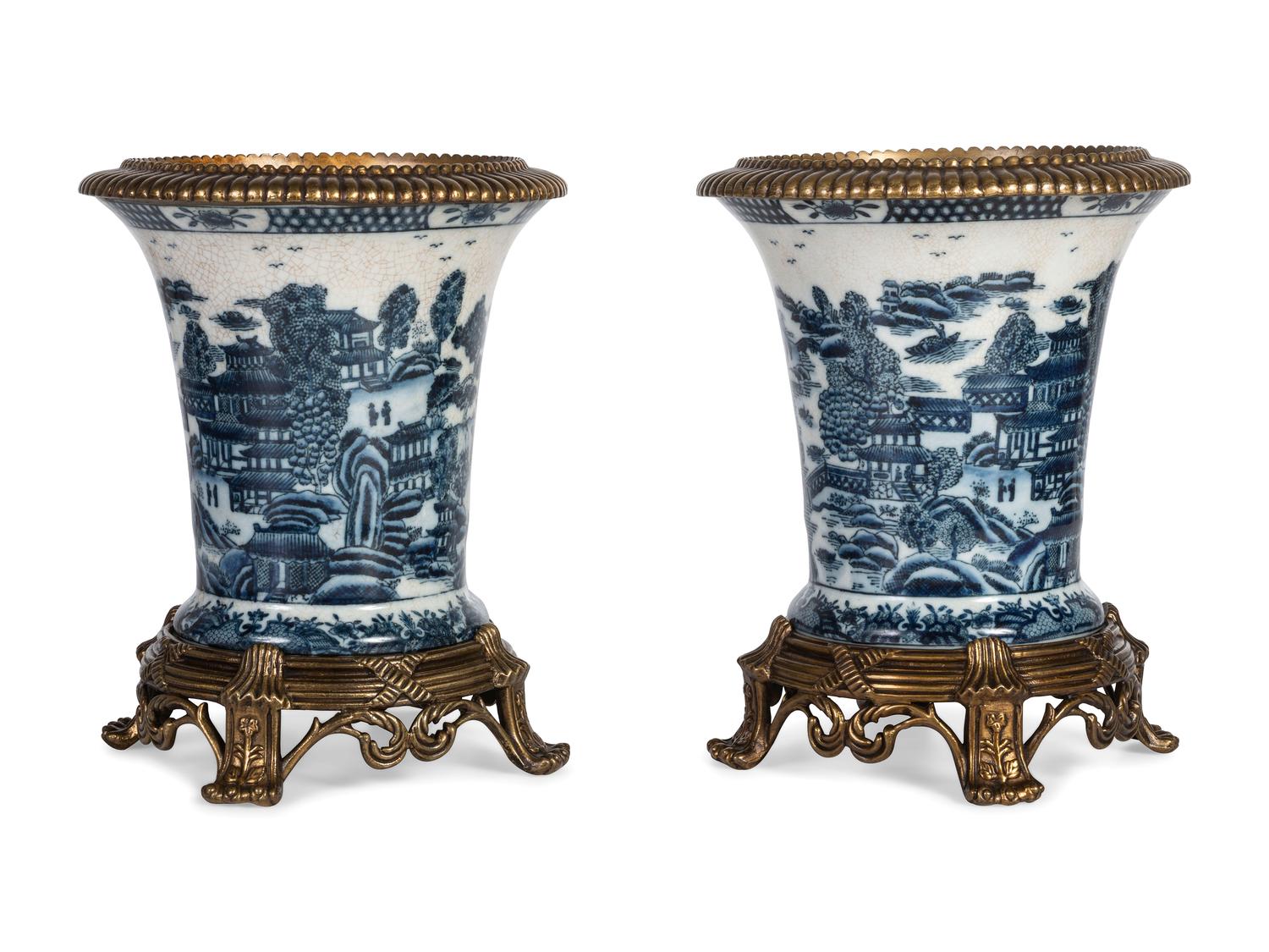 A Pair of United Wilson Gilt Metal Mounted Canton Style Porcelain Urns