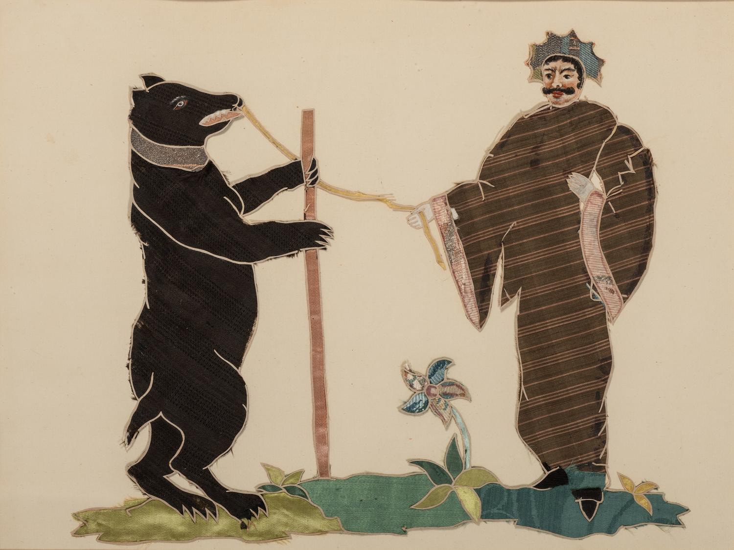 A Pieced Silk Picture of a Man with a Bear
