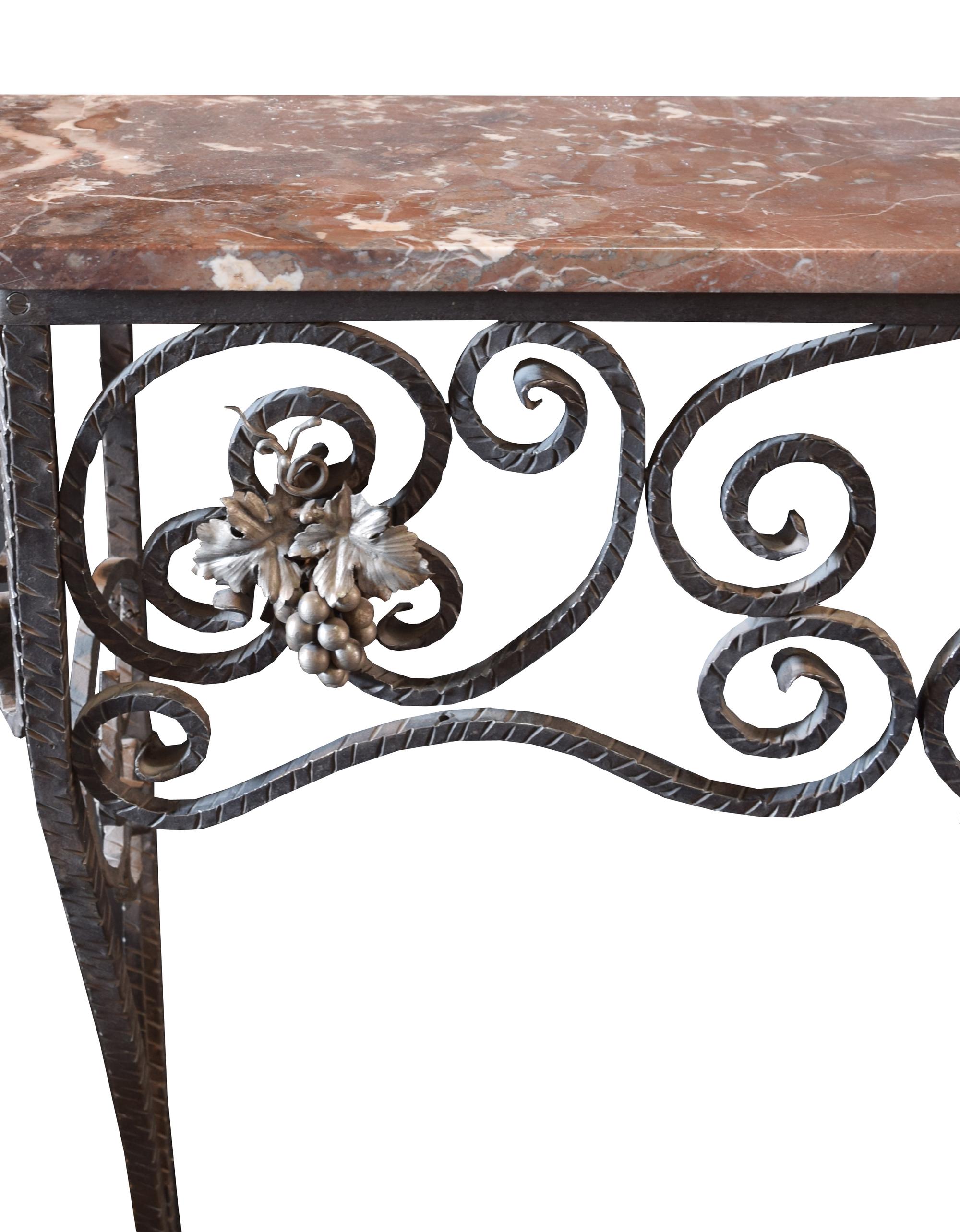 A Fer Forge Console Table with Marble Top 37.5" W x 12.5" D x 40.5" H — France, Early 20th Century