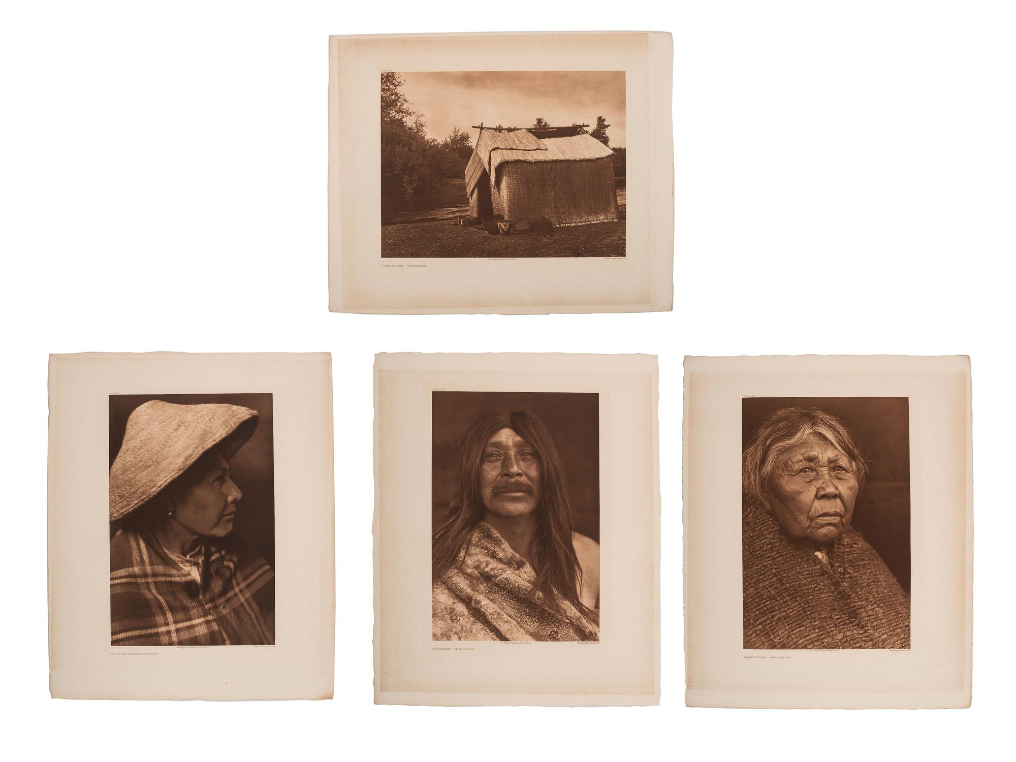 Four works: A Mat House - Skokomish, Quinault Female Profile, Lelehalt - Quilcene and Hleastunuh - Skokomish