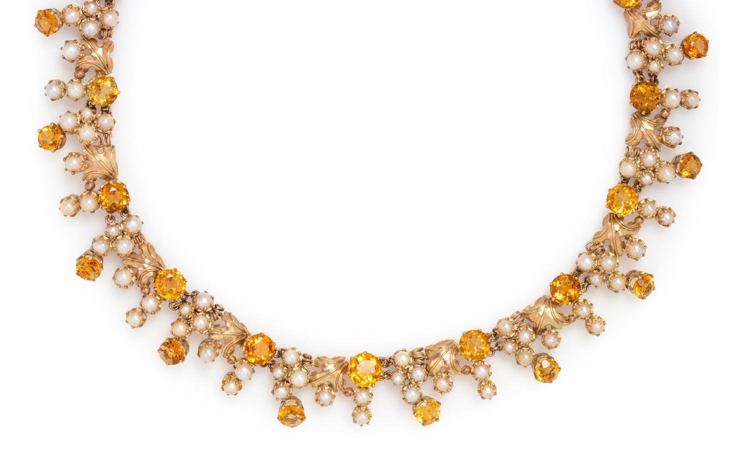 YELLOW GOLD, CITRINE AND CULTURED PEARL NECKLACE