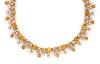 YELLOW GOLD, CITRINE AND CULTURED PEARL NECKLACE