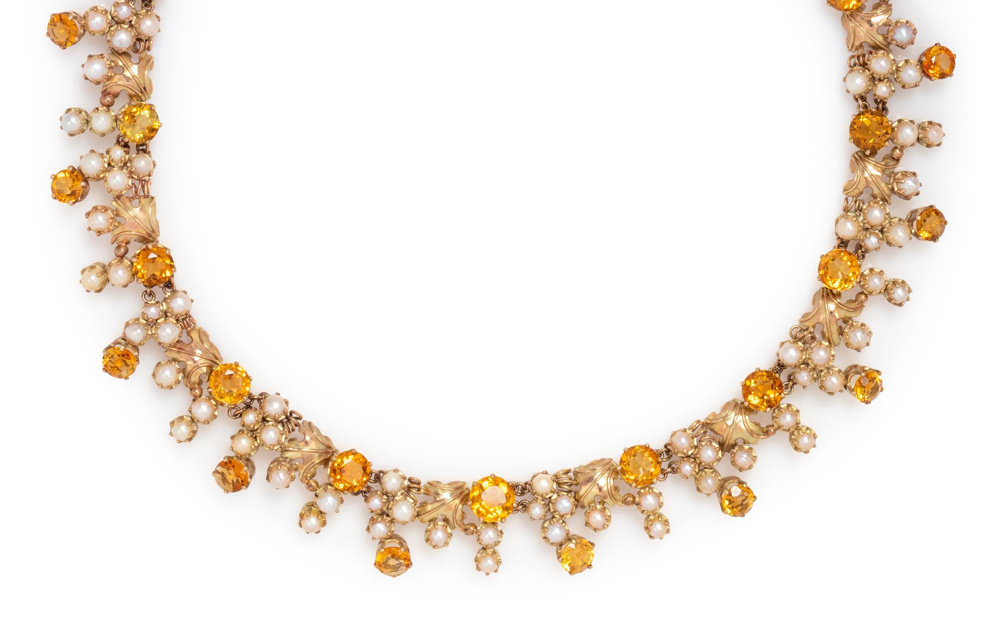 YELLOW GOLD, CITRINE AND CULTURED PEARL NECKLACE