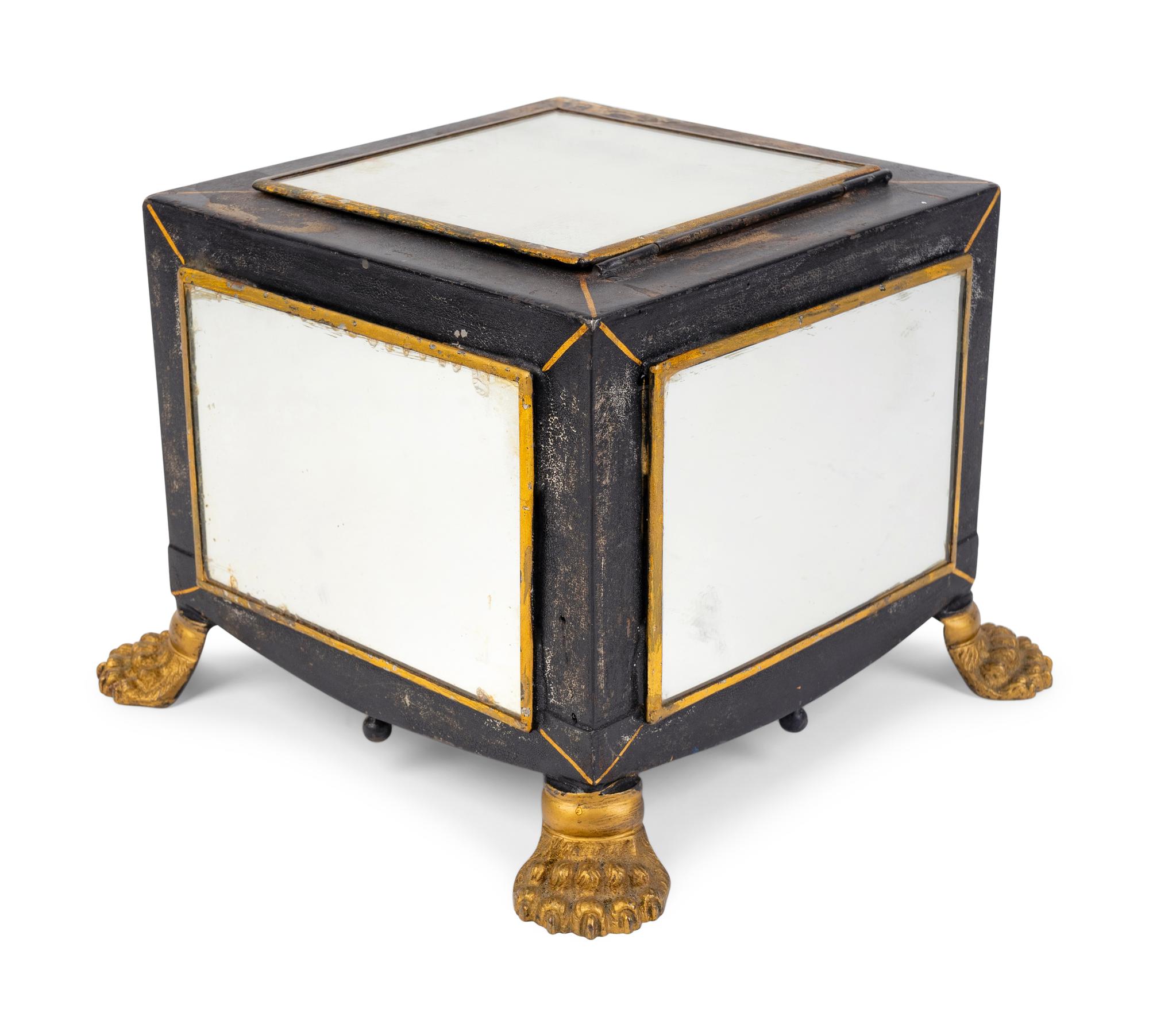 An English Black and Gilt Decorated Tole Box with Mirrored Panels — 19TH CENTURY
