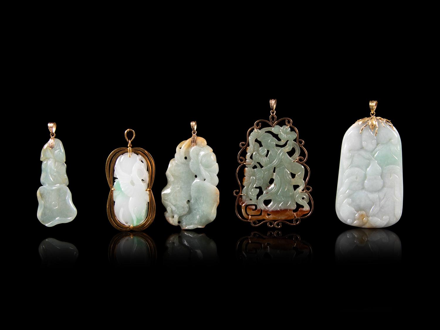 Five Green Jadeite Pendants