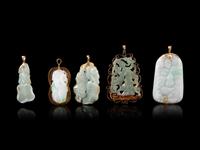 Five Green Jadeite Pendants
