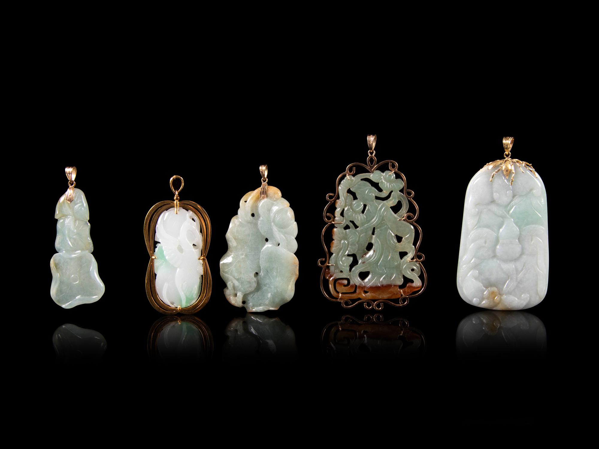 Five Green Jadeite Pendants
