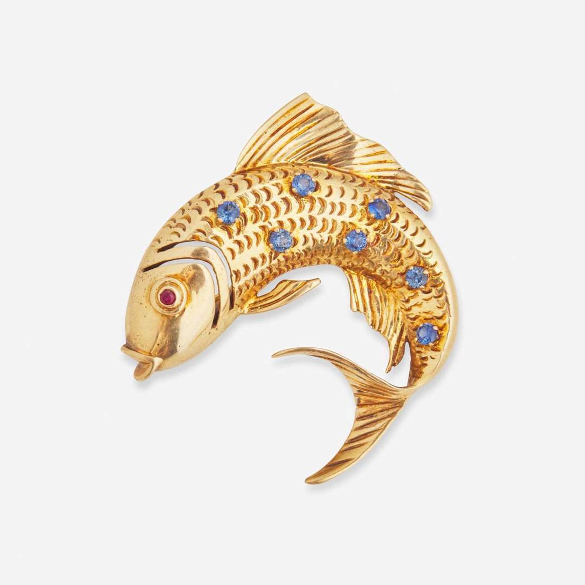 A 14K Yellow Gold and Gemstone Brooch and 14K Yellow Gold Chain