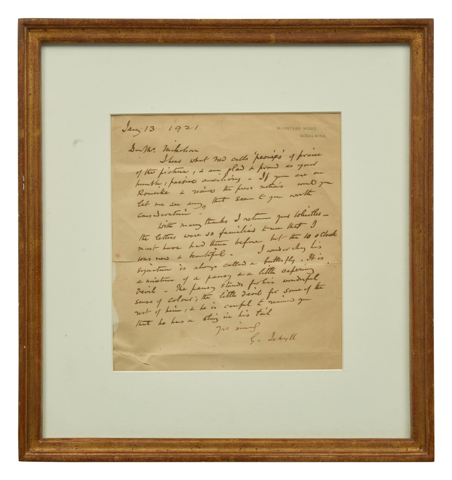 [Gardening] Jekyll, Gertrude. Group of Three Autograph Letters, signed, to artist William Nicholson