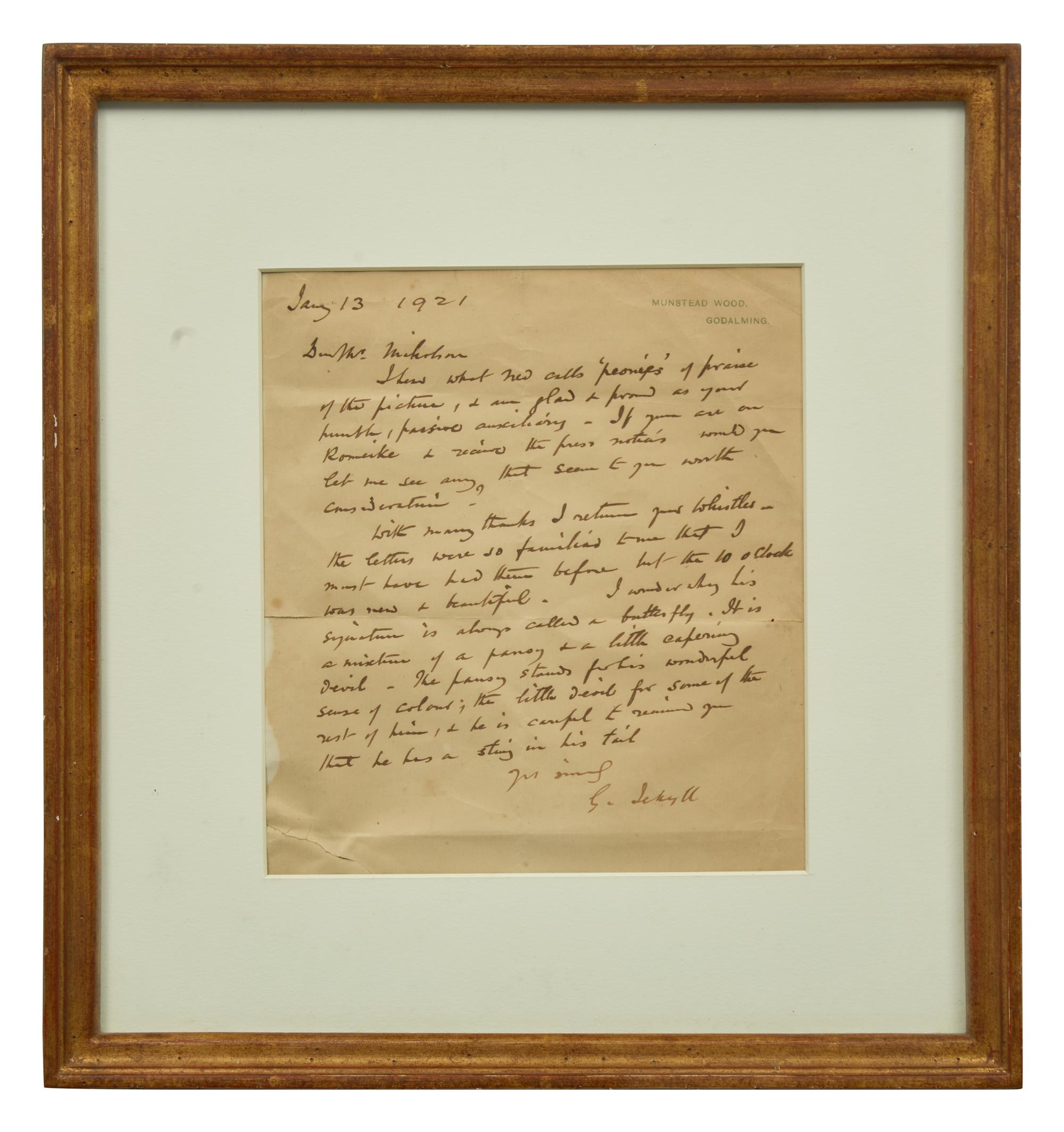 [Gardening] Jekyll, Gertrude. Group of Three Autograph Letters, signed, to artist William Nicholson