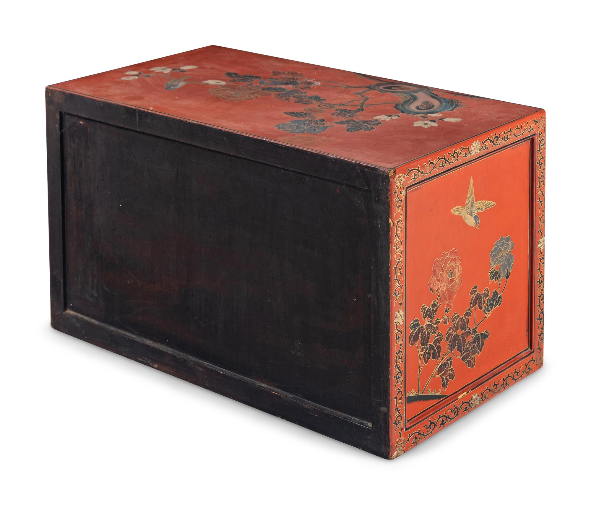 A Chinese Painted and Red Lacquered Chest