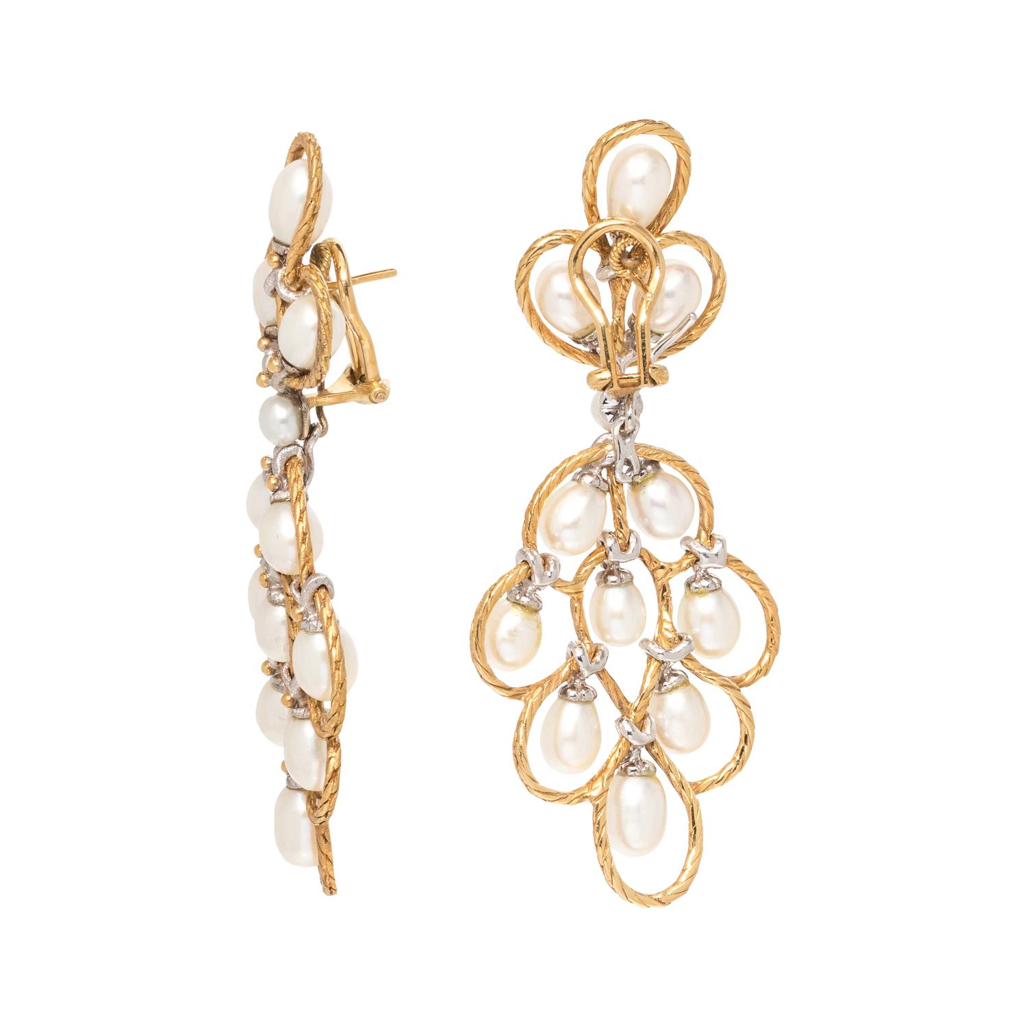 BUCCELLATI, BICOLOR GOLD AND CULTURED PEARL CONVERTIBLE EARCLIPS