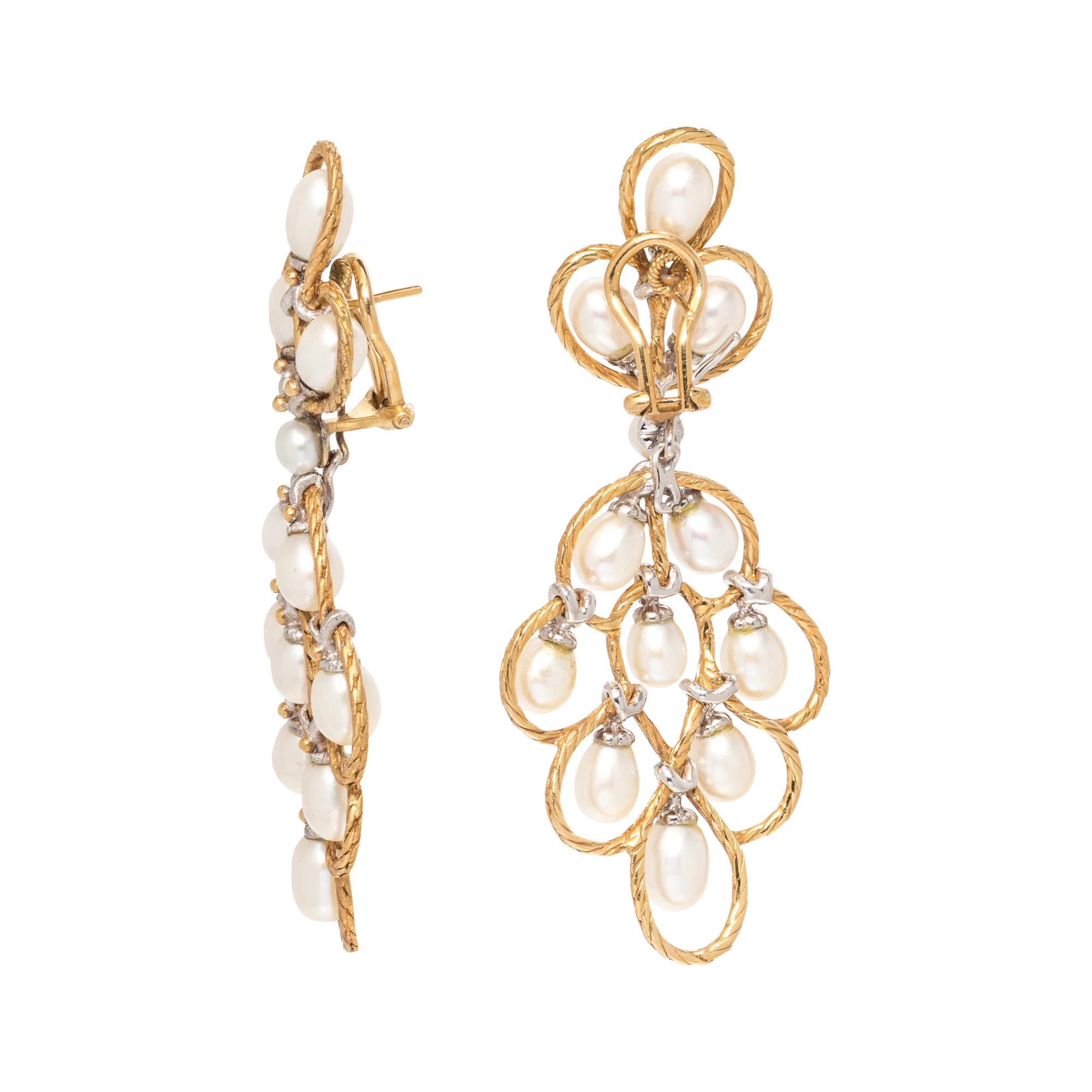 BUCCELLATI, BICOLOR GOLD AND CULTURED PEARL CONVERTIBLE EARCLIPS