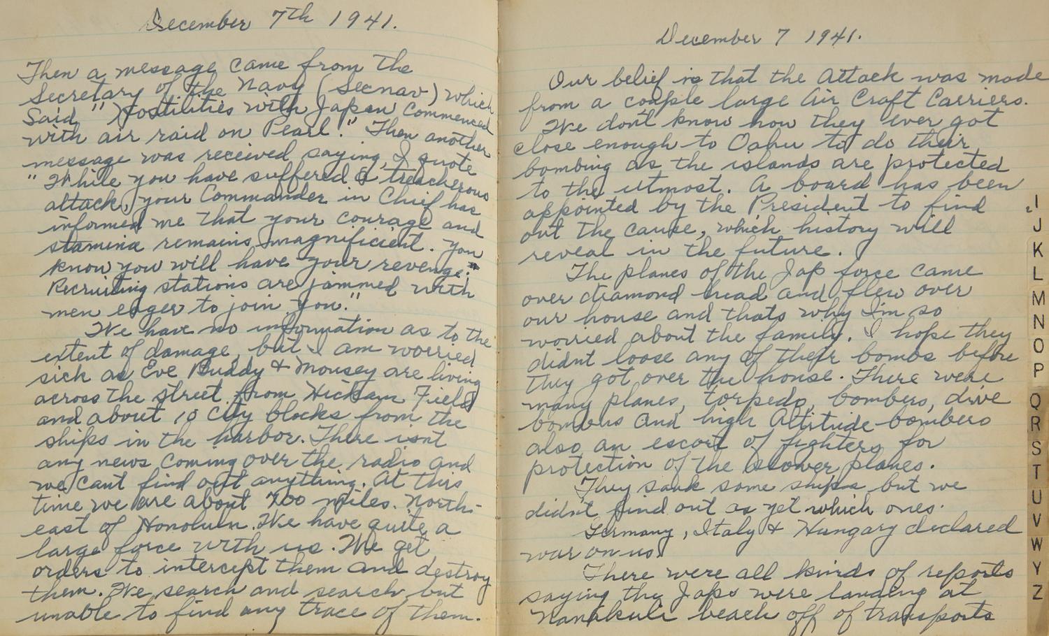[World War II] An Incredibly Vivid Manuscript Diary Reporting the Attack on Pearl Harbor, ca. 1941-42