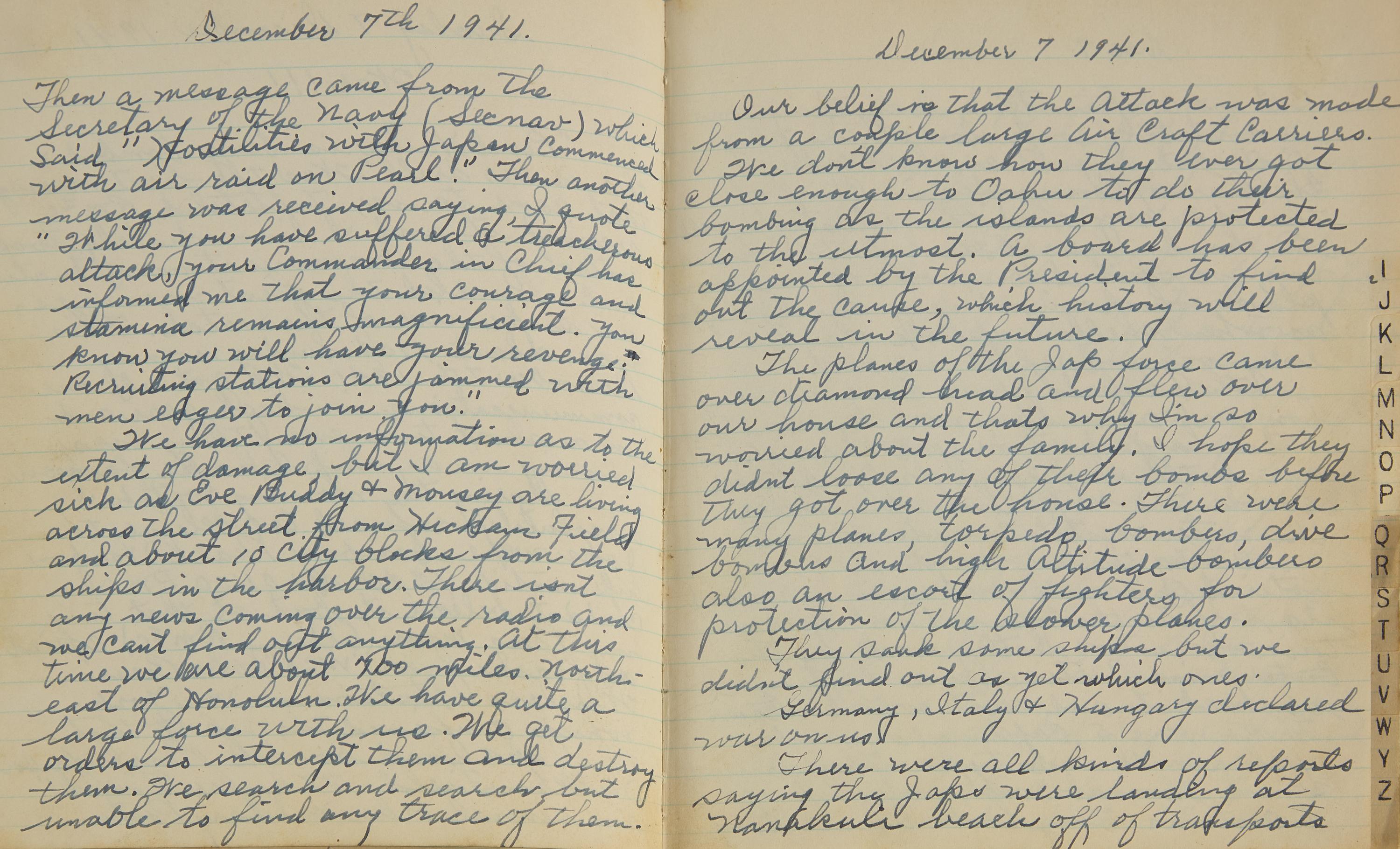 [World War II] An Incredibly Vivid Manuscript Diary Reporting the Attack on Pearl Harbor, ca. 1941-42