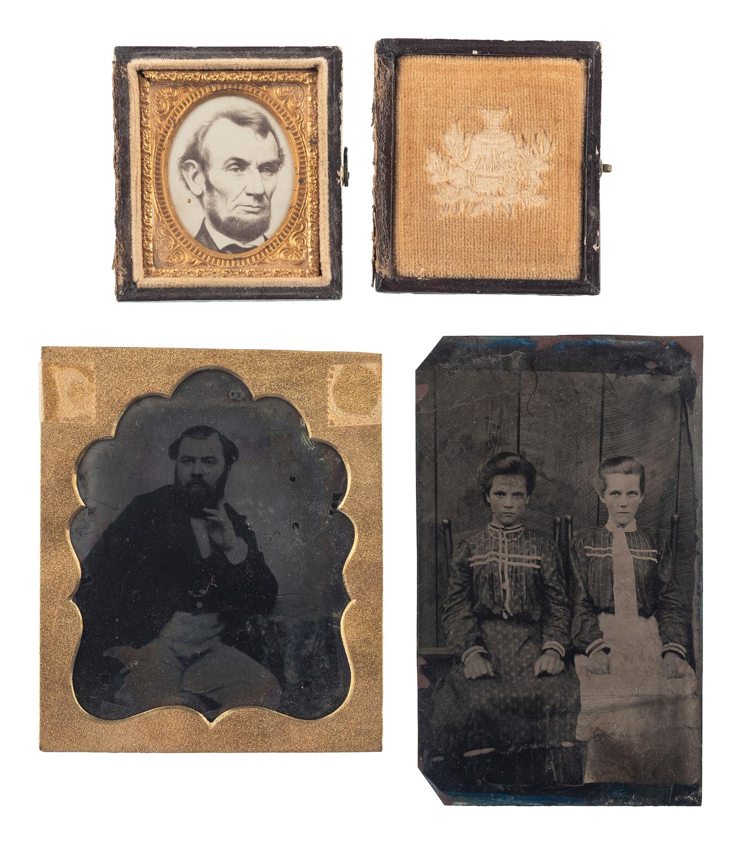 [EARLY PHOTOGRAPHY - PORTRAITURE]. A group of assorted tintypes ambrotypes, paper photographs, and union cases, including: