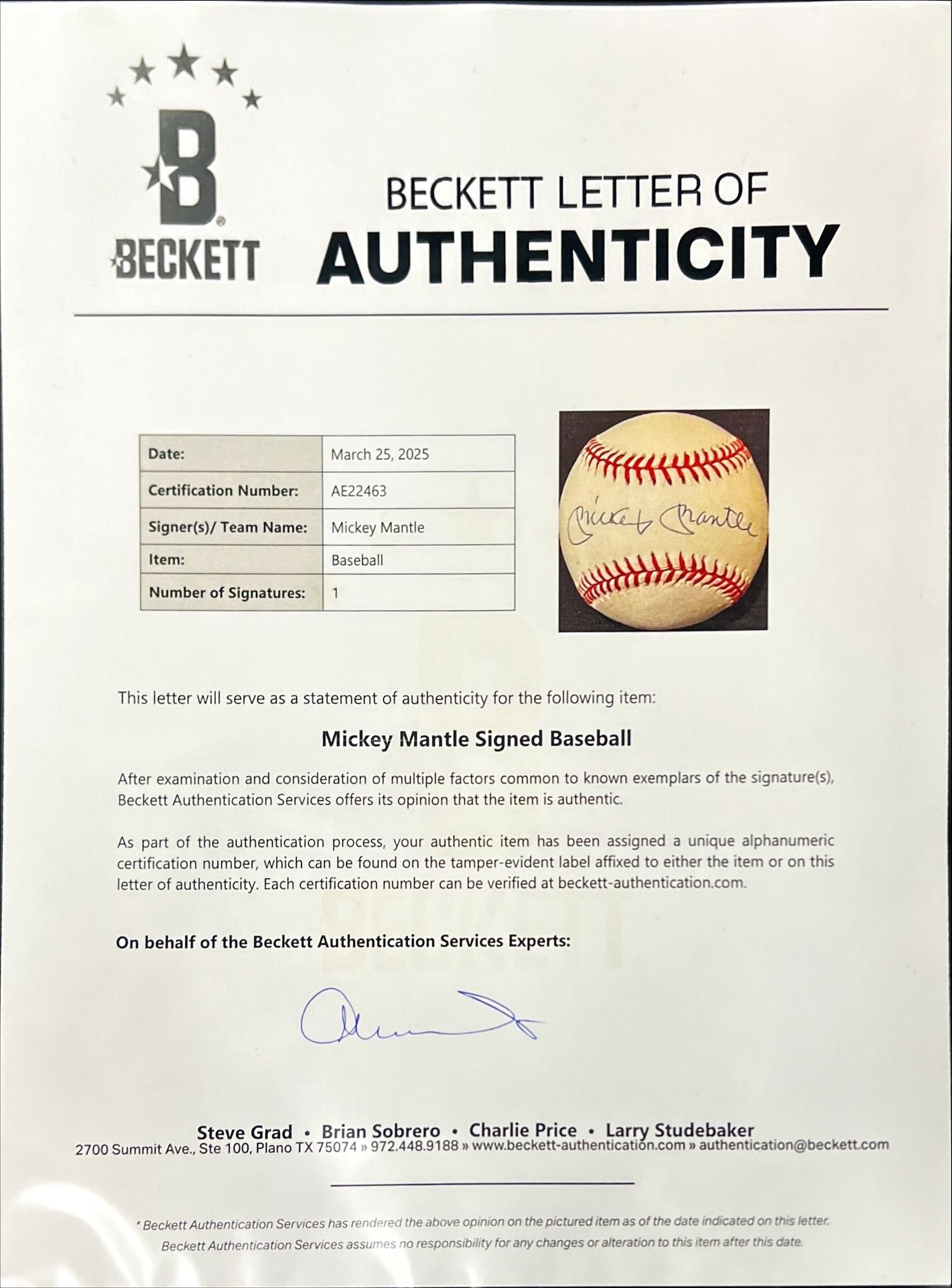 A Mickey Mantle Single Signed Autograph Baseball (Beckett Authentication Services)