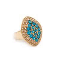 BLUE GLASS, DIAMOND, AND YELLOW GOLD RING