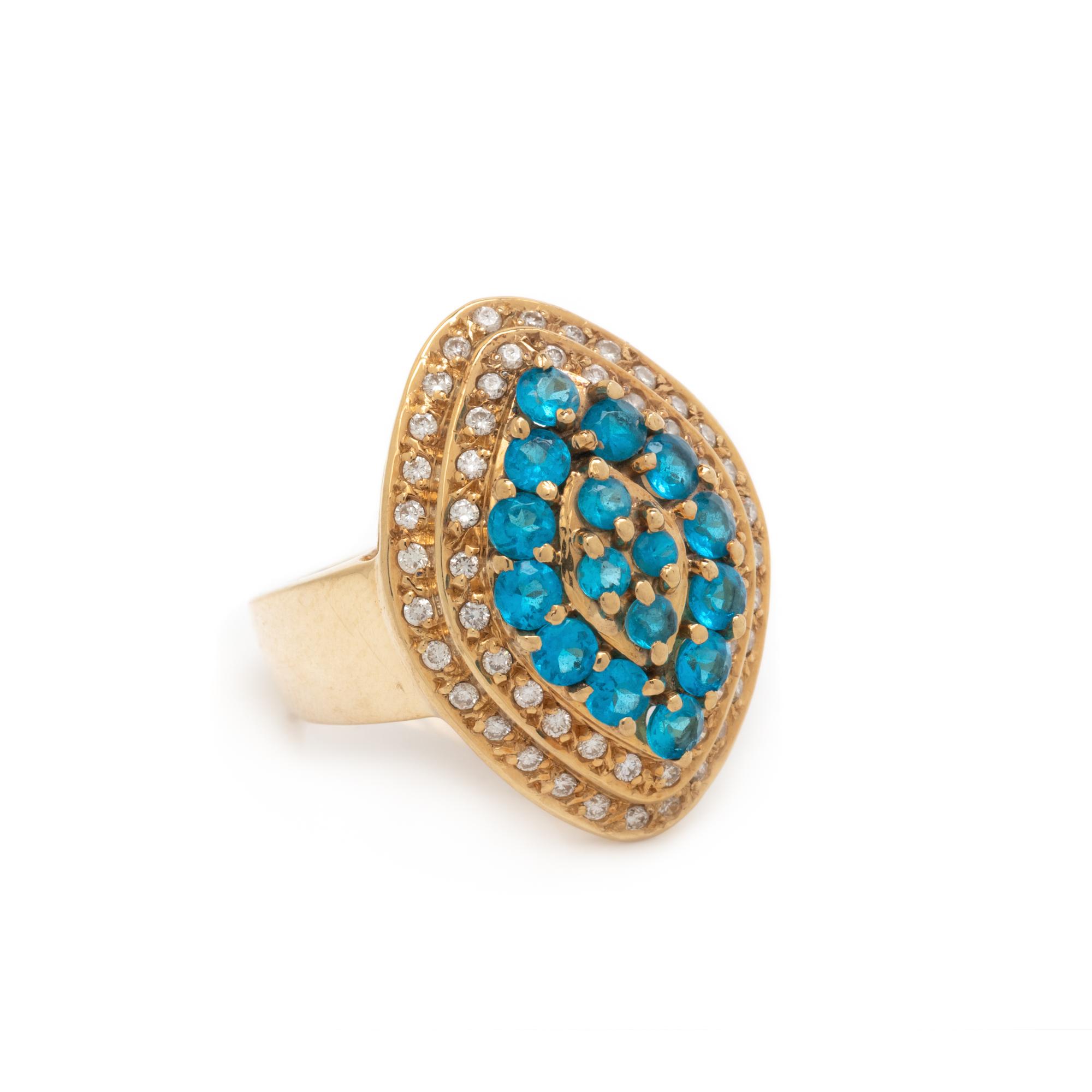 BLUE GLASS, DIAMOND, AND YELLOW GOLD RING