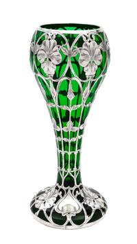An Art Nouveau Silver Overlay Glass Vase Height 10 inches.