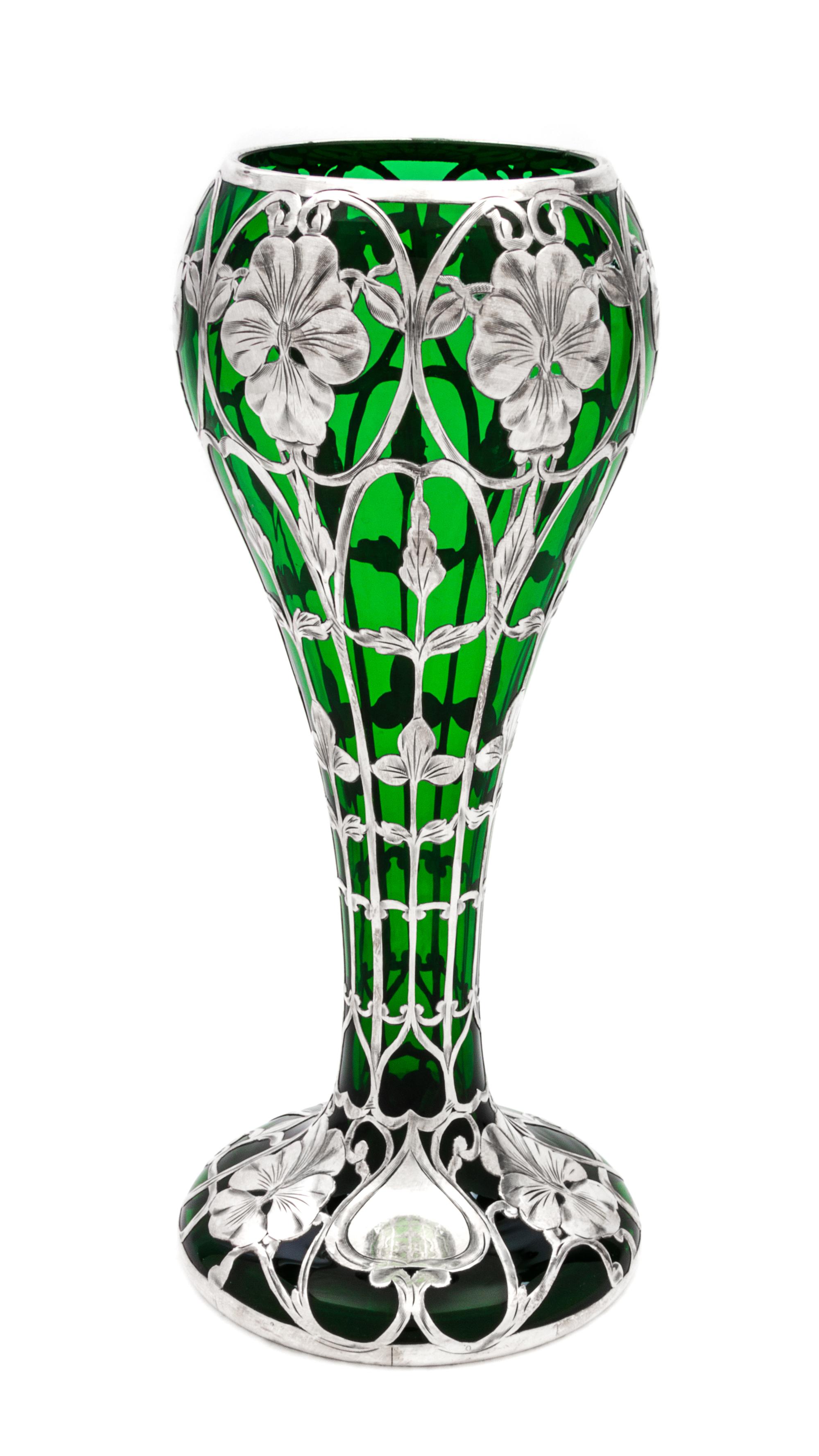 An Art Nouveau Silver Overlay Glass Vase Height 10 inches.
