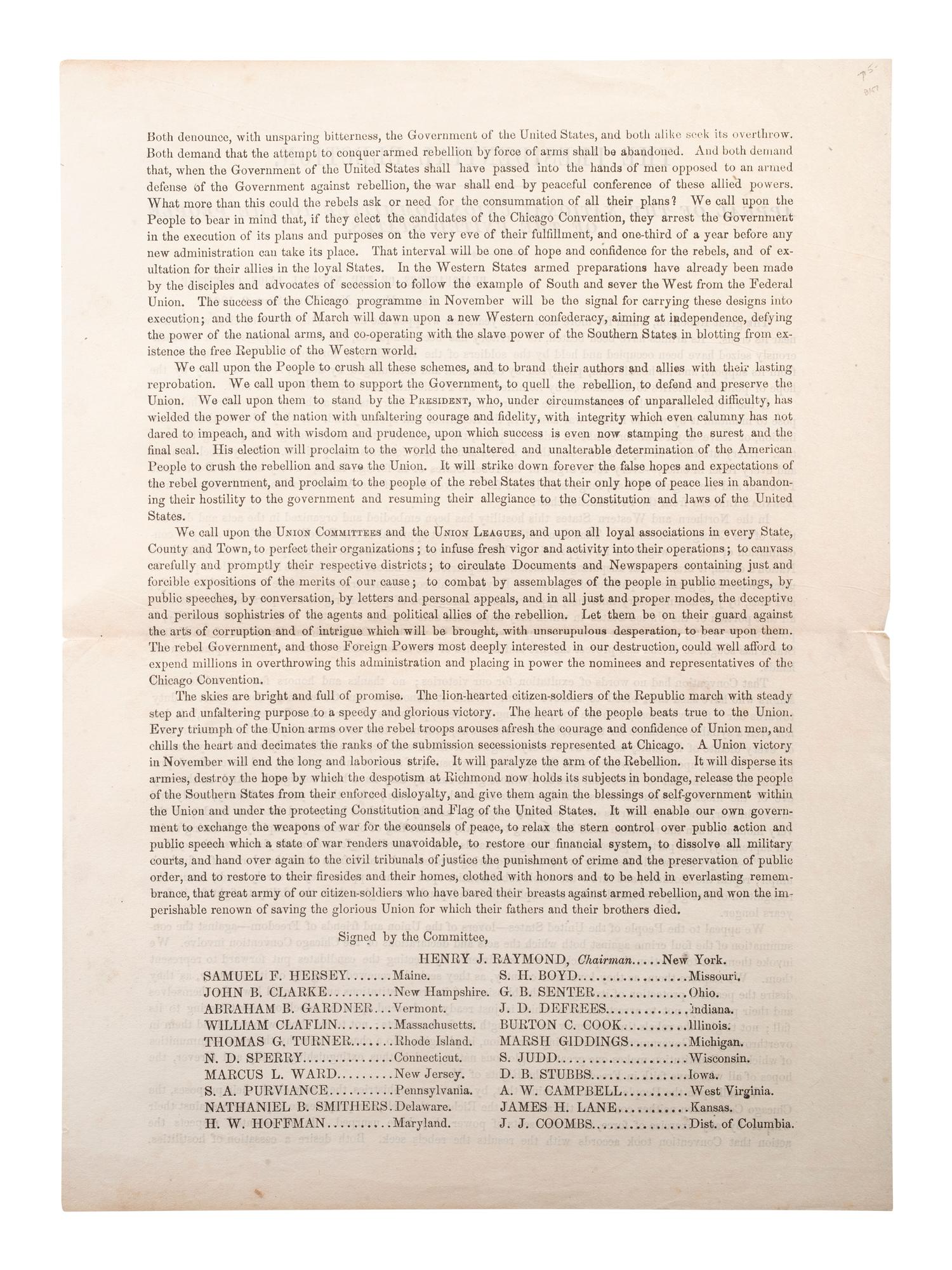 [CIVIL WAR -- 1864 PRESIDENTIAL ELECTION]. The Presidential Election. Appeal of the National Union Committee to the People of the United States. New York: National Union Committee, 1864.
