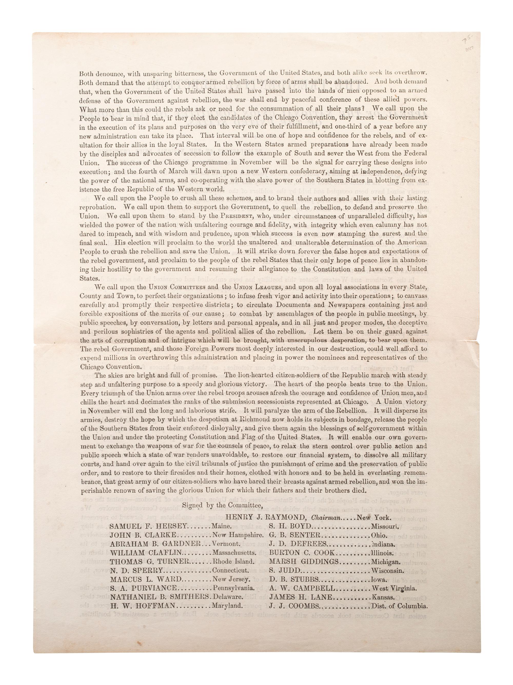 [CIVIL WAR -- 1864 PRESIDENTIAL ELECTION]. The Presidential Election. Appeal of the National Union Committee to the People of the United States. New York: National Union Committee, 1864.
