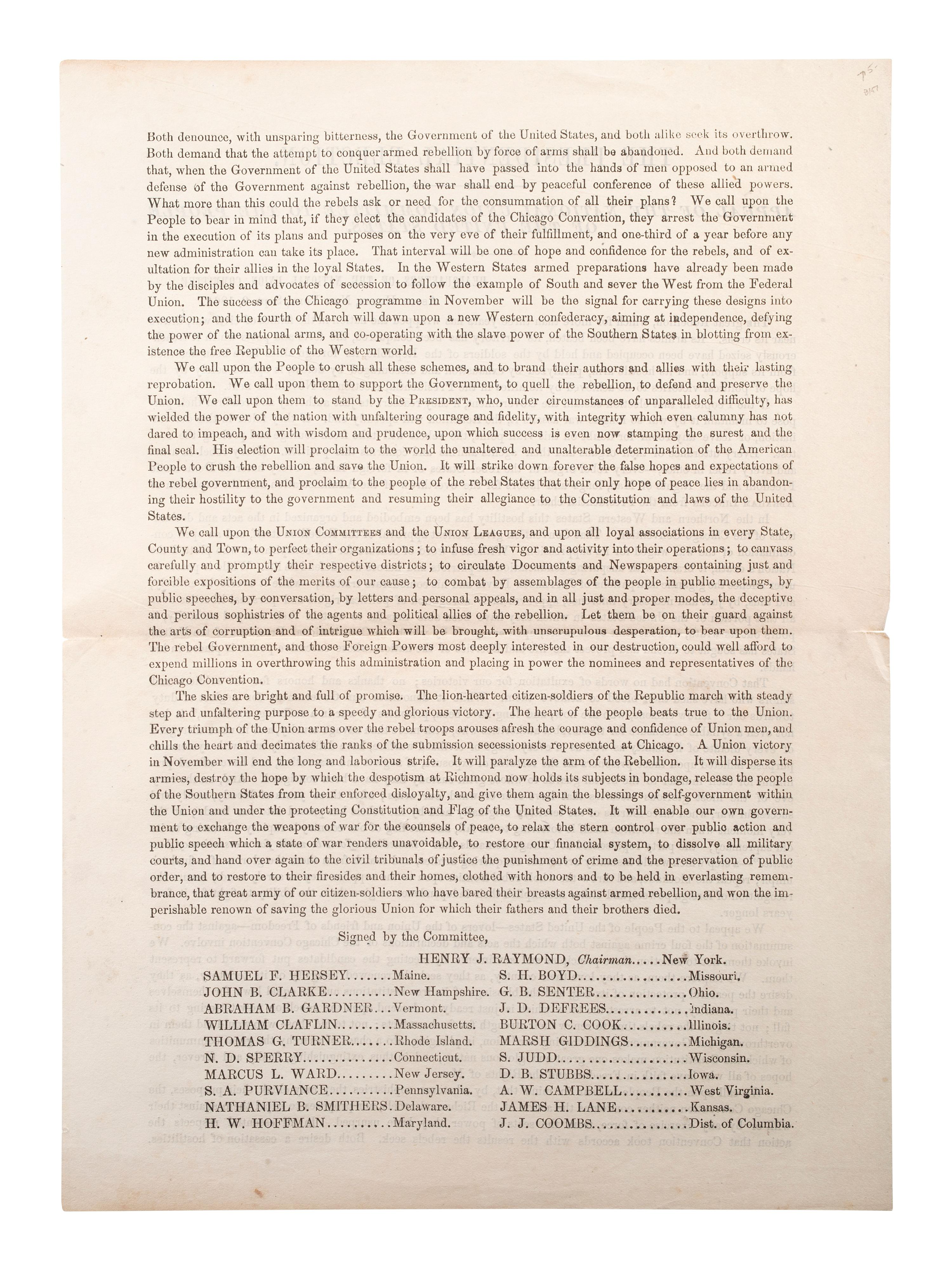 [CIVIL WAR -- 1864 PRESIDENTIAL ELECTION]. The Presidential Election. Appeal of the National Union Committee to the People of the United States. New York: National Union Committee, 1864.