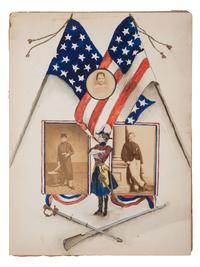 [CIVIL WAR]. A group of 3 CDVs highlighted by 2 portraits of a Union drummer boy displayed under a mat decorated with a hand-drawn patriotic motif.