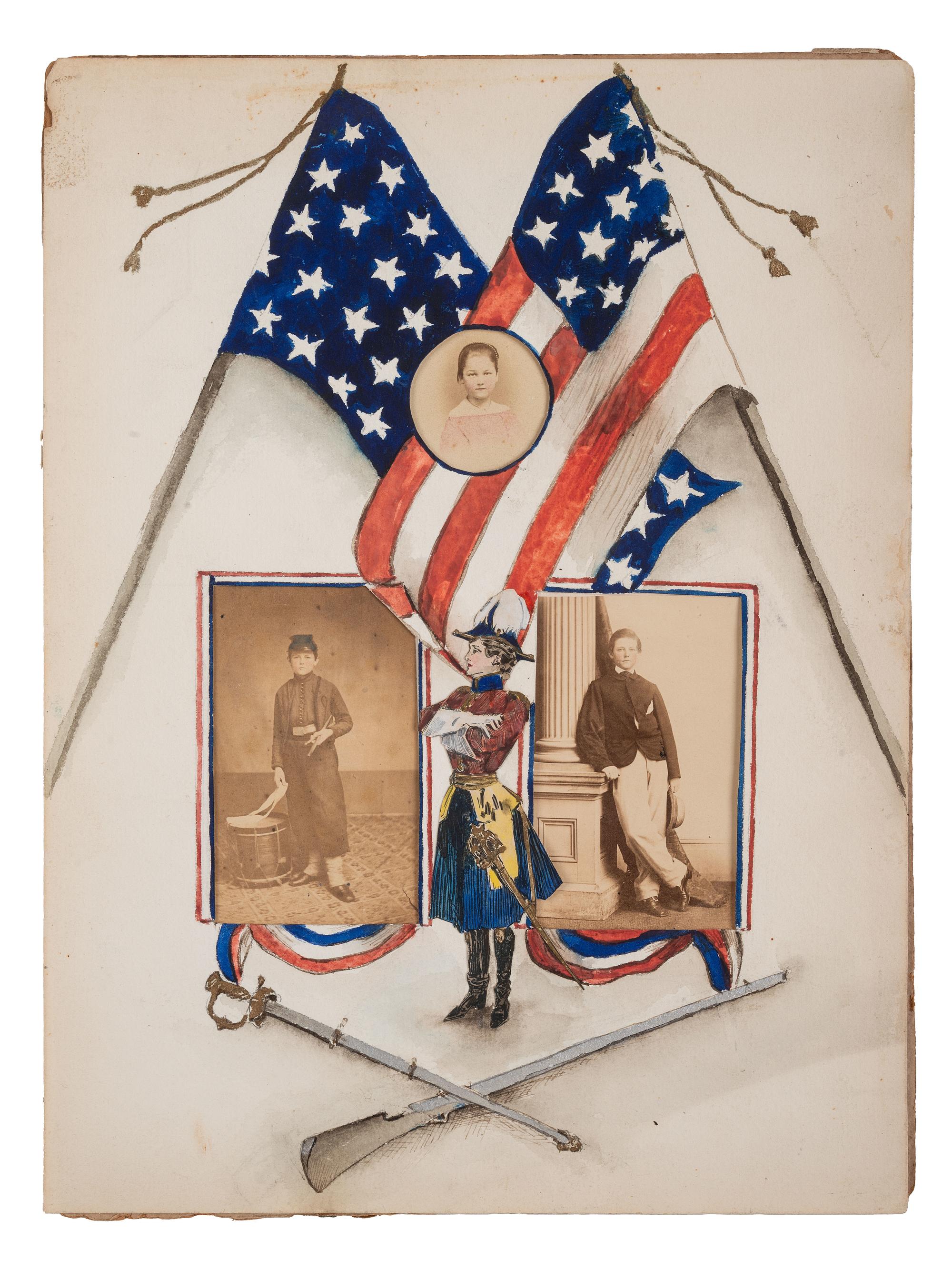 [CIVIL WAR]. A group of 3 CDVs highlighted by 2 portraits of a Union drummer boy displayed under a mat decorated with a hand-drawn patriotic motif.