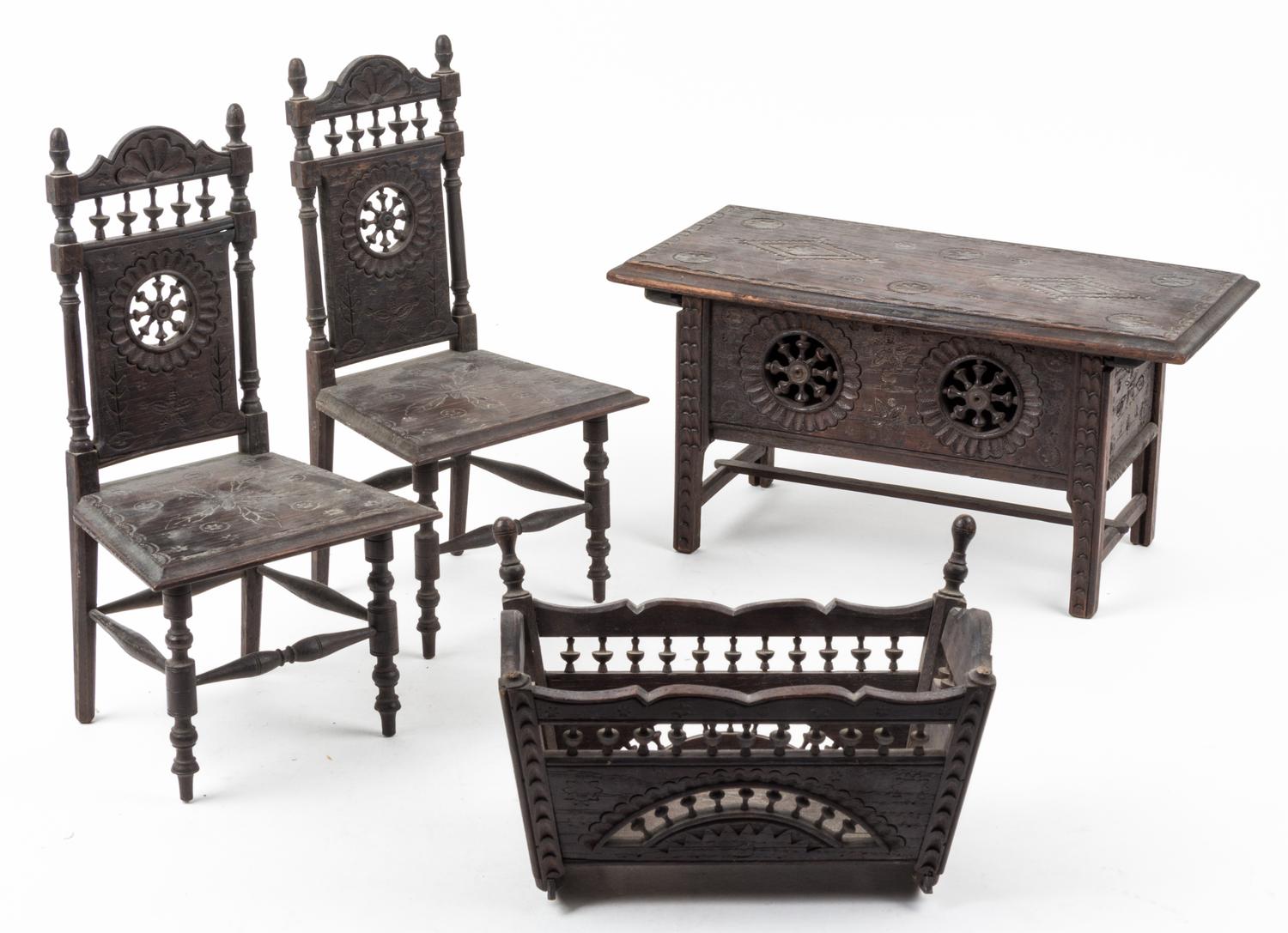 A Collection of French Brittania Style Doll Furniture Width of first 12 1/2 inches.