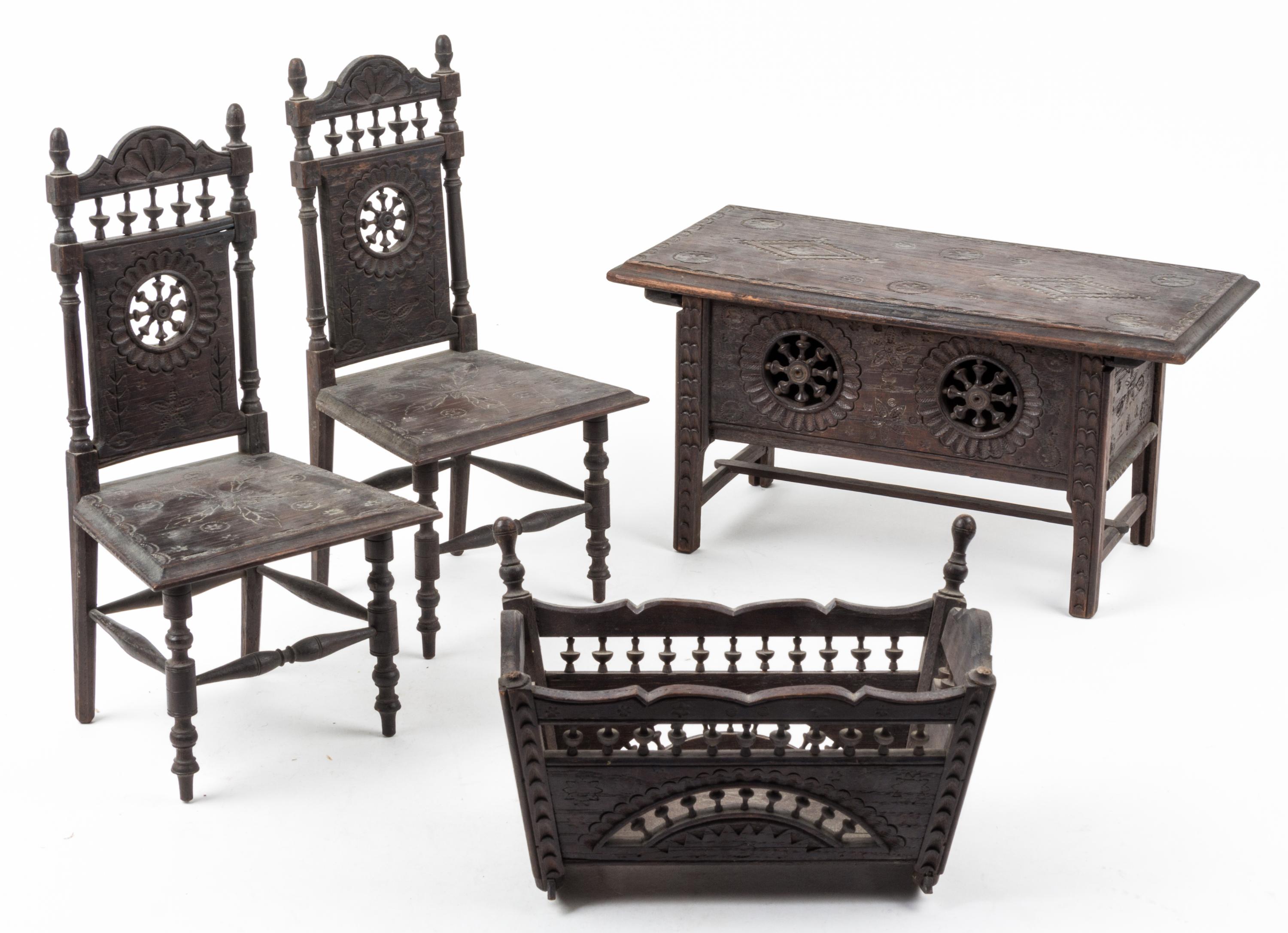 A Collection of French Brittania Style Doll Furniture Width of first 12 1/2 inches.