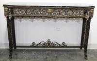 An Art Deco Style Wrought Iron and Marble Console Table, attributed to Oscar Bach Height 32 1/2 x width 49 1/2 x depth 16 inches.