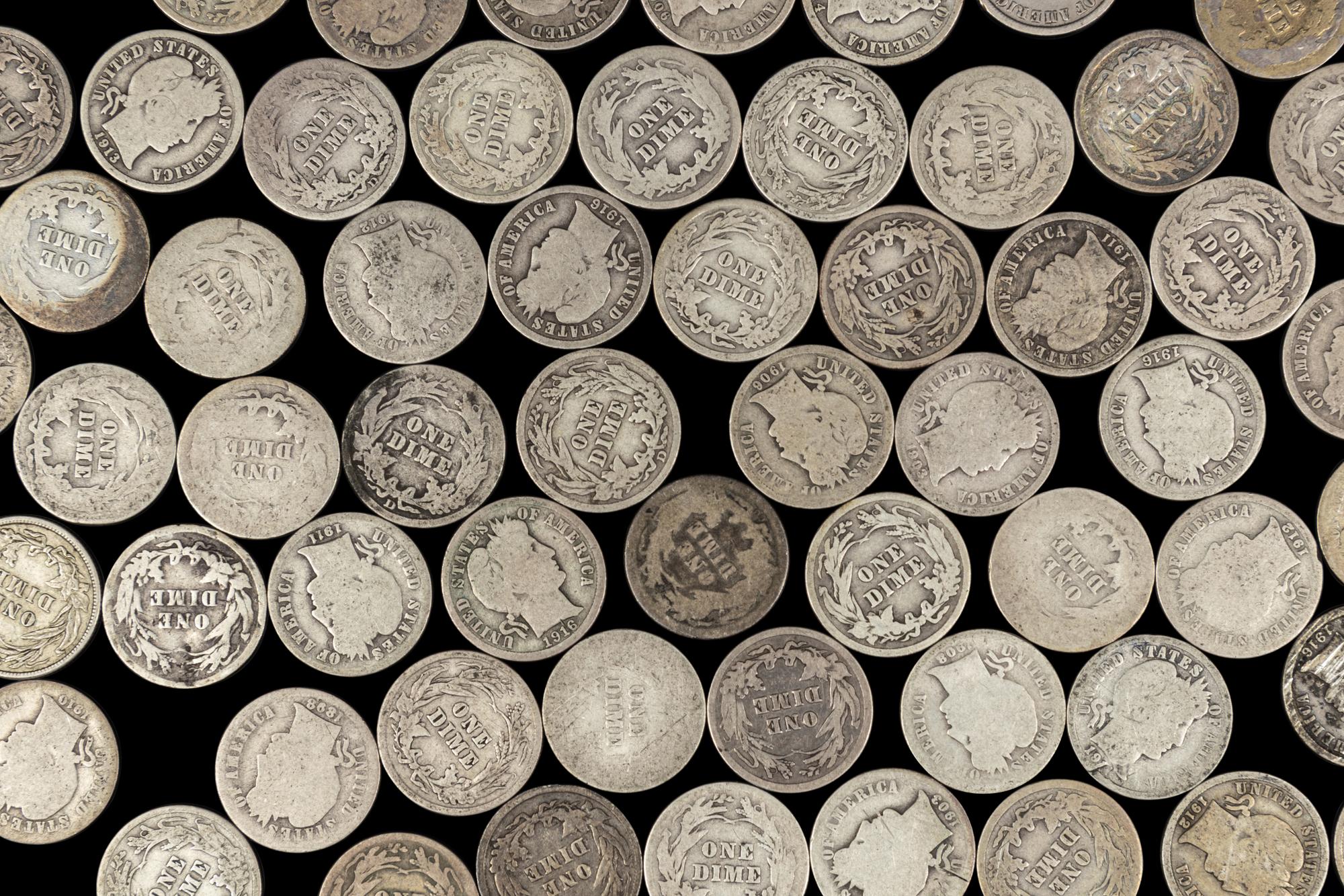 A Large Collection of Seated Liberty Barber and Mercury 10c Coins