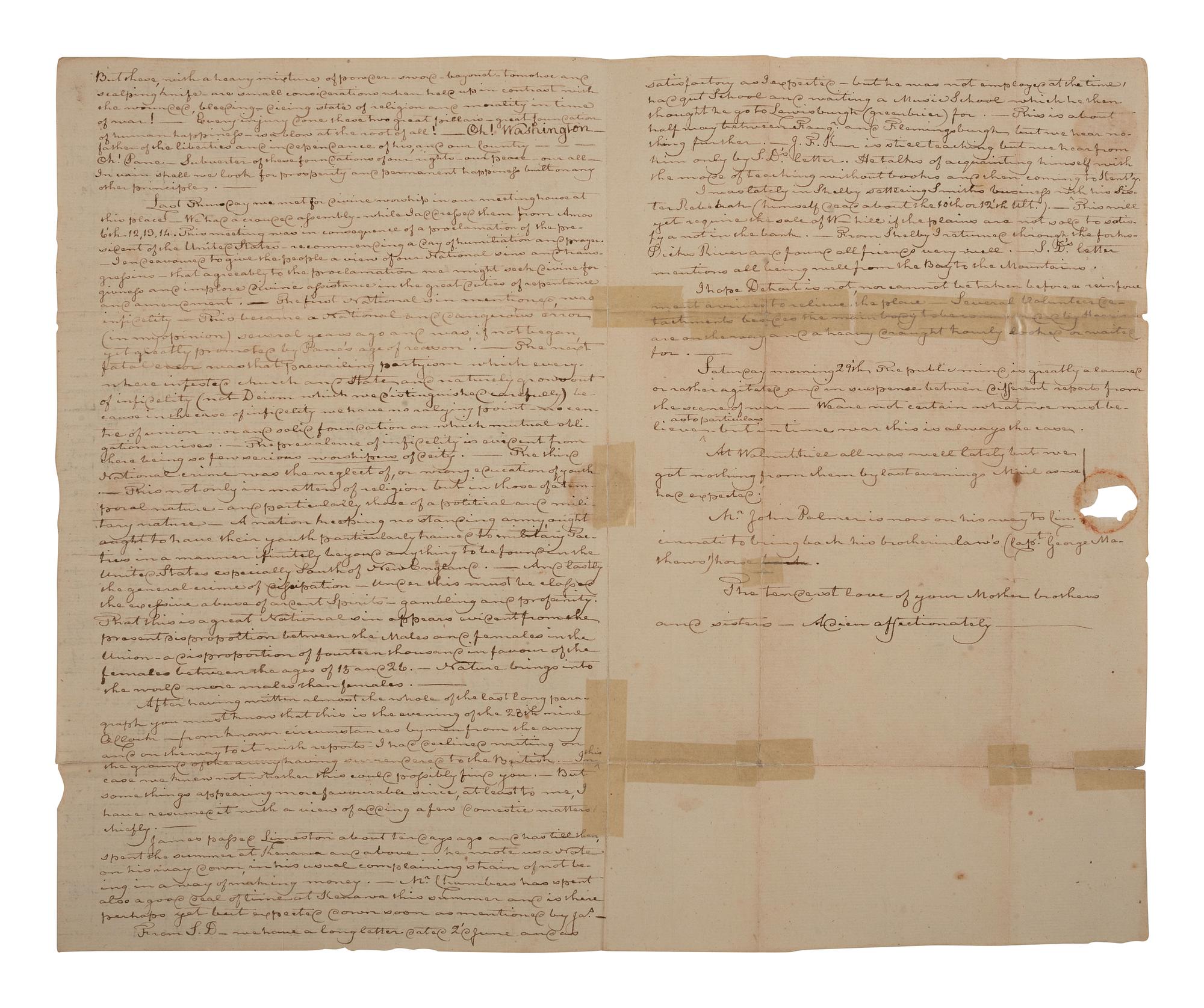 [WAR OF 1812]. Letter discussing military matters & Gen. Hull's surrender at Detroit. August 1812.