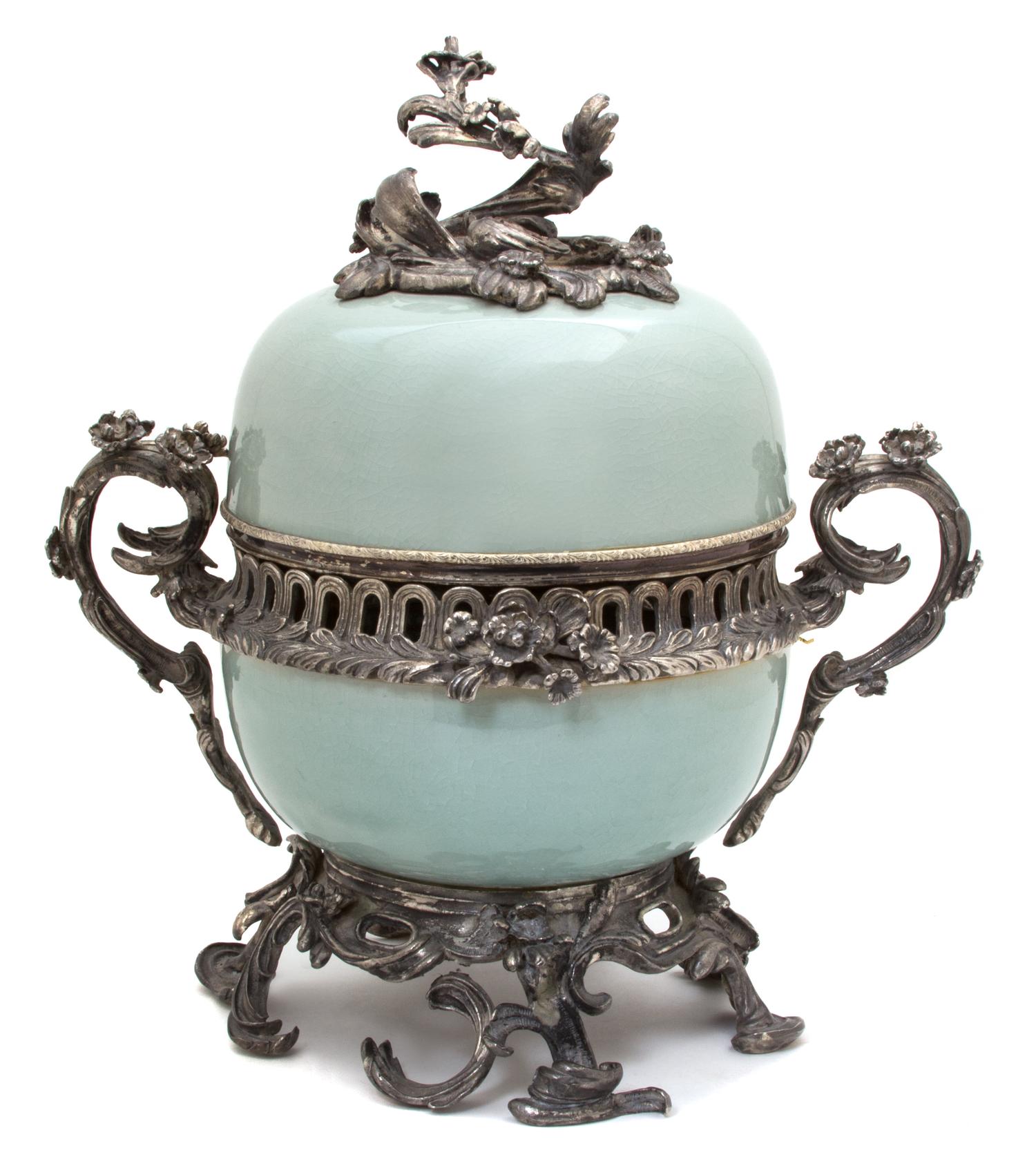 A French Celadon and Silvered Metal Mounted Covered Urn Height 15 x width 13 inches. — 20TH CENTURY