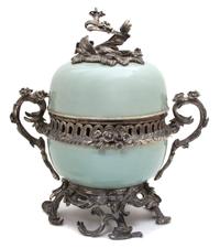 A French Celadon and Silvered Metal Mounted Covered Urn Height 15 x width 13 inches. — 20TH CENTURY
