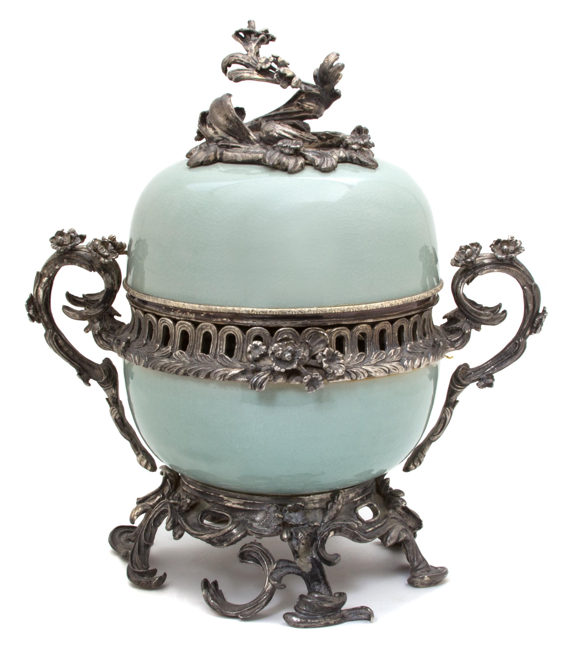 A French Celadon and Silvered Metal Mounted Covered Urn Height 15 x width 13 inches. — 20TH CENTURY