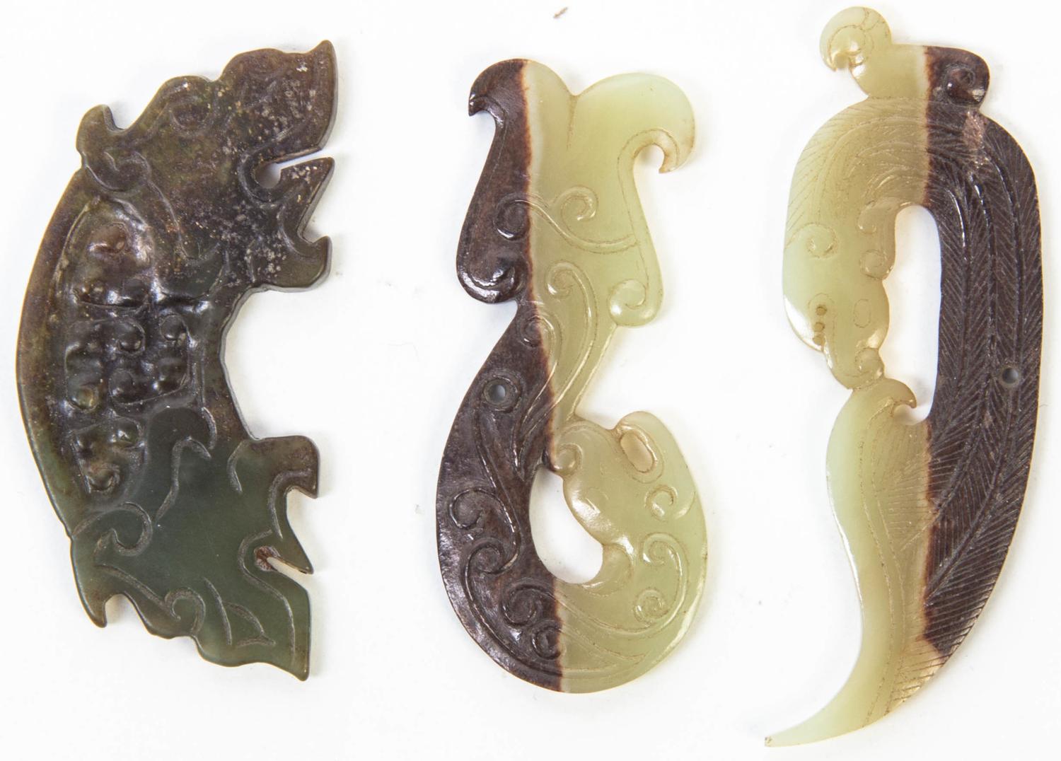A Group of Three Carved Jade and Hardstone Articles Length of longest 3 1/4 inches.