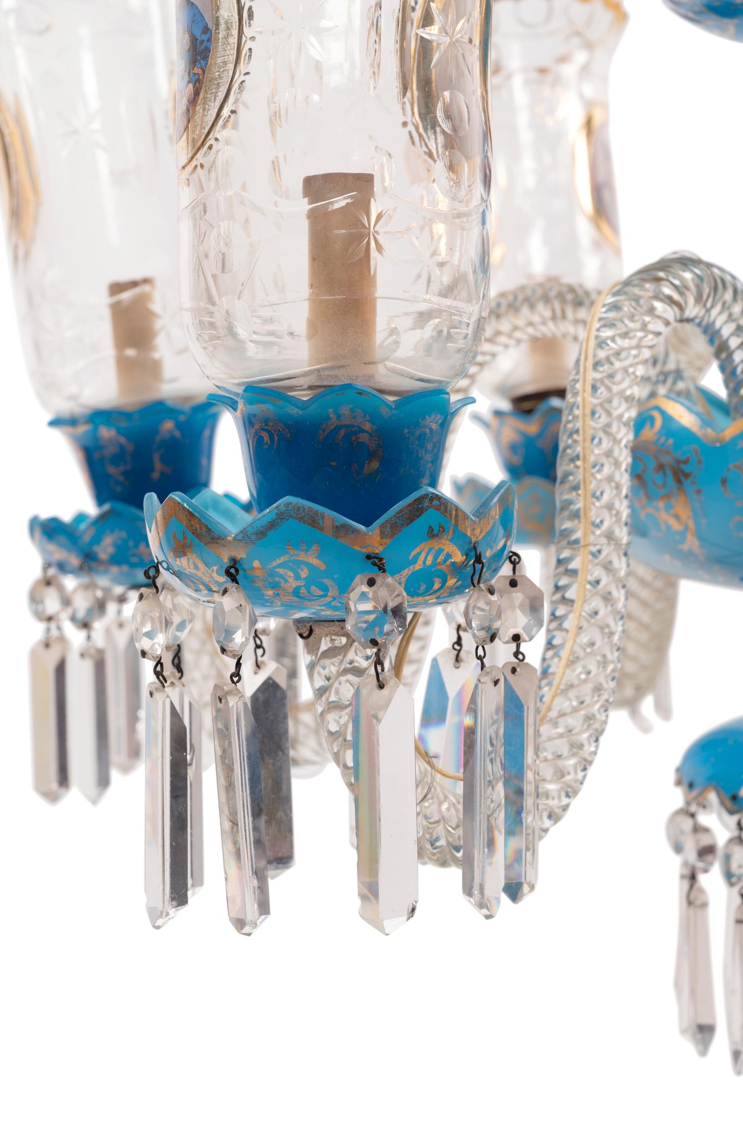 A Bohemian Enameled Opaline Glass Six-Light Chandelier for the Persian Market