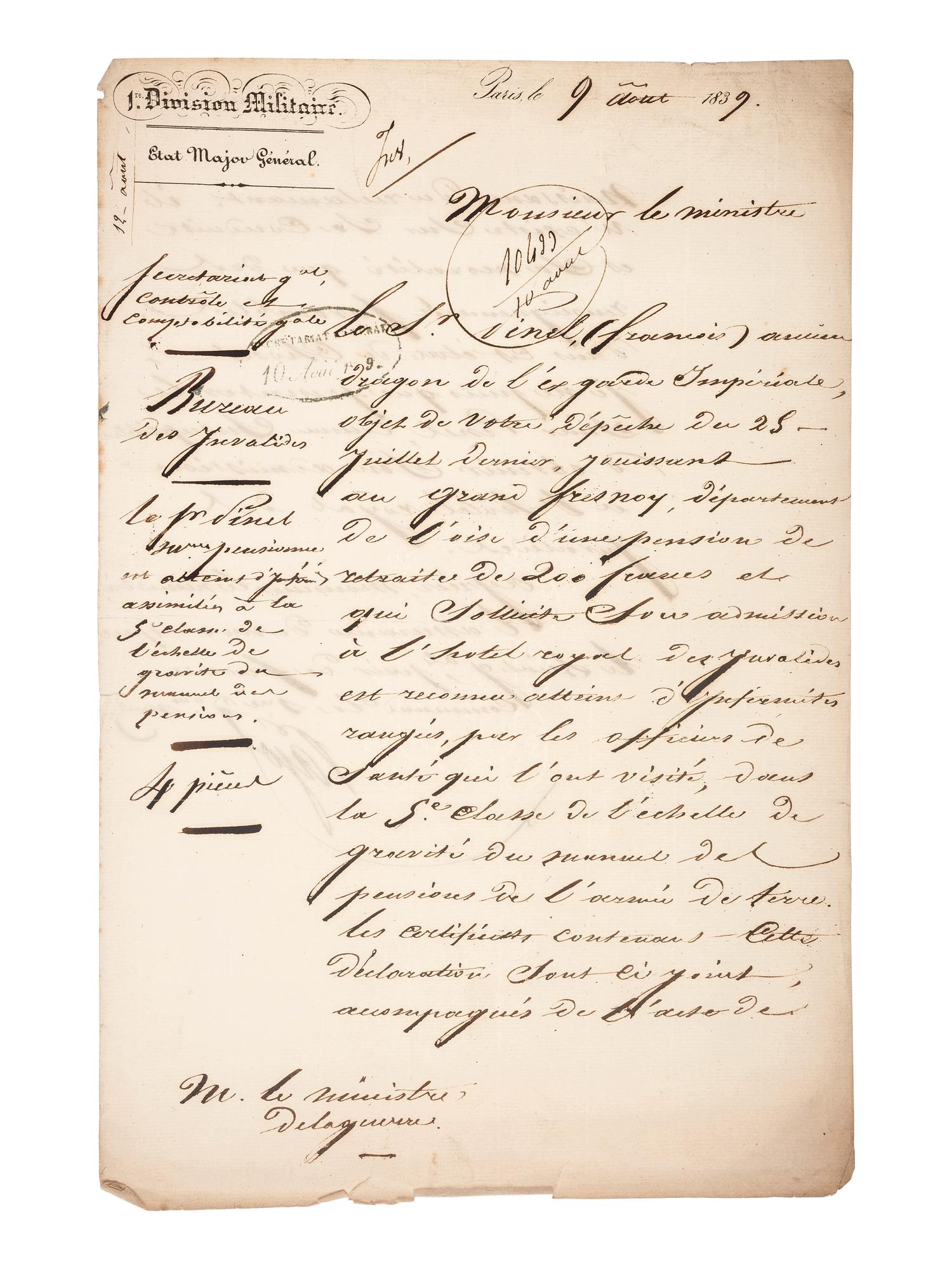 [MANUSCRIPTS - NAPOLEONIC]. A group of 2 letters in French, related to Jean-Baptiste Viallanes and Claude-Pierre Pajol.