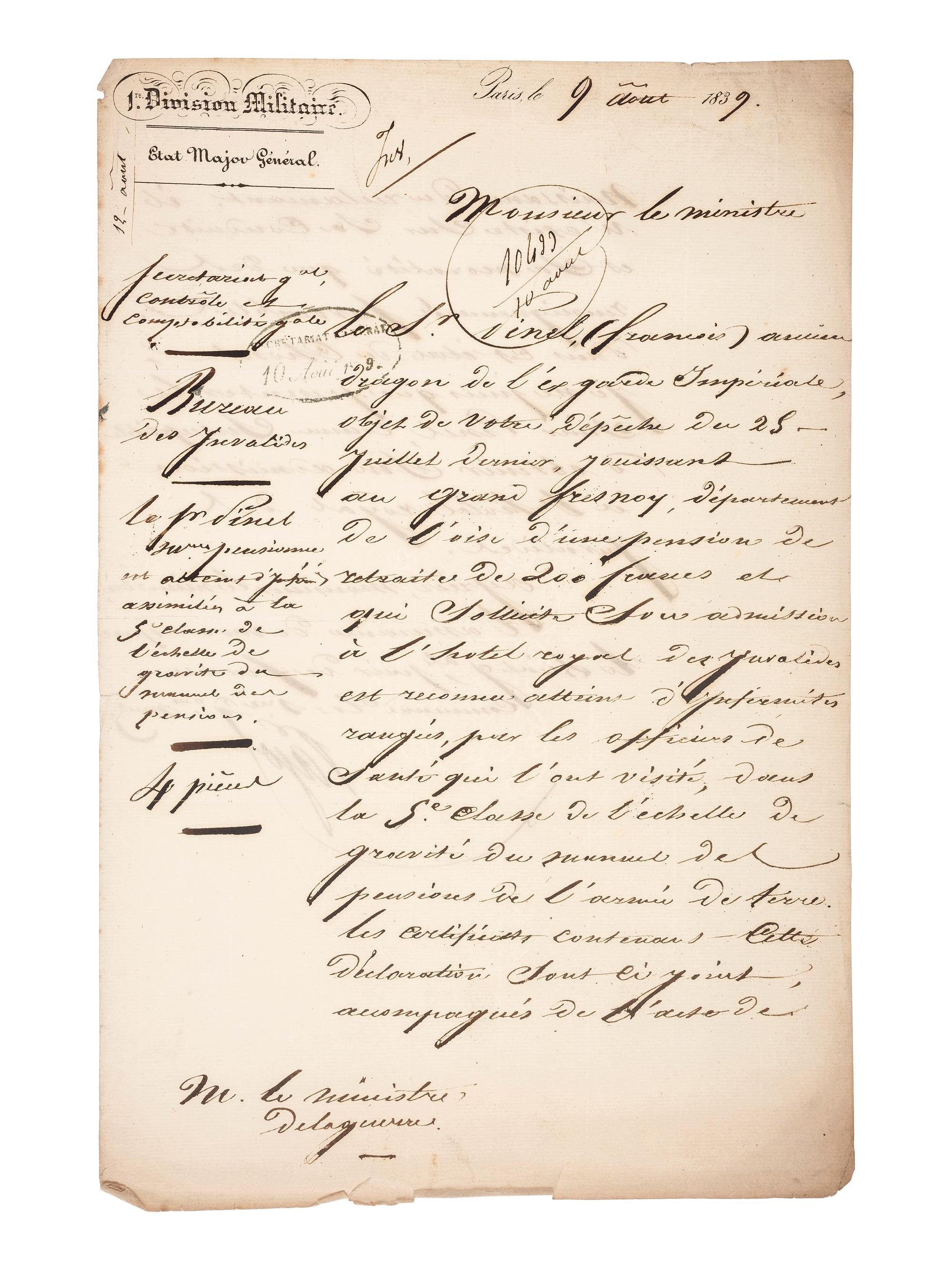 [MANUSCRIPTS - NAPOLEONIC]. A group of 2 letters in French, related to Jean-Baptiste Viallanes and Claude-Pierre Pajol.
