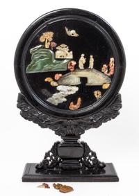 A Chinese Hardstone Inset Lacquered Wood Table Screen Height 21 1/4 inches overall.