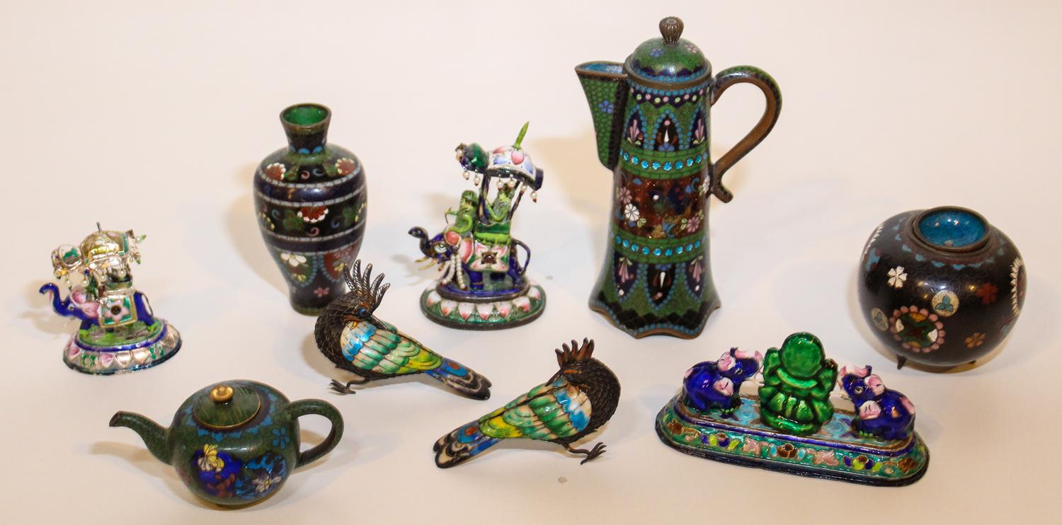 Nine Chinese Cloisonne Enamel Articles. Height of tallest 7 1/4 inches.