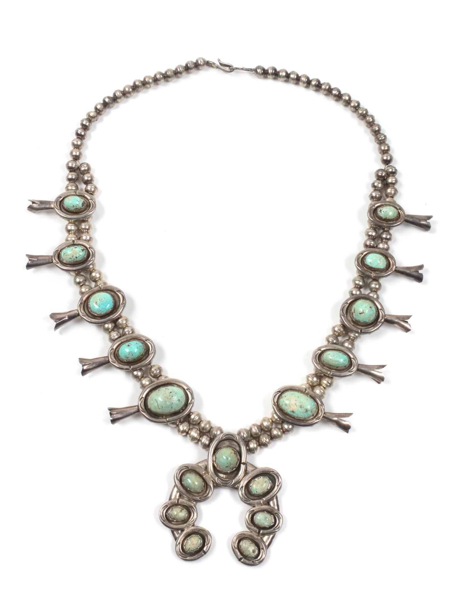 Southwestern Silver and Turquoise Squash Blossom Necklace Length 22 inches