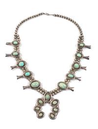 Southwestern Silver and Turquoise Squash Blossom Necklace Length 22 inches