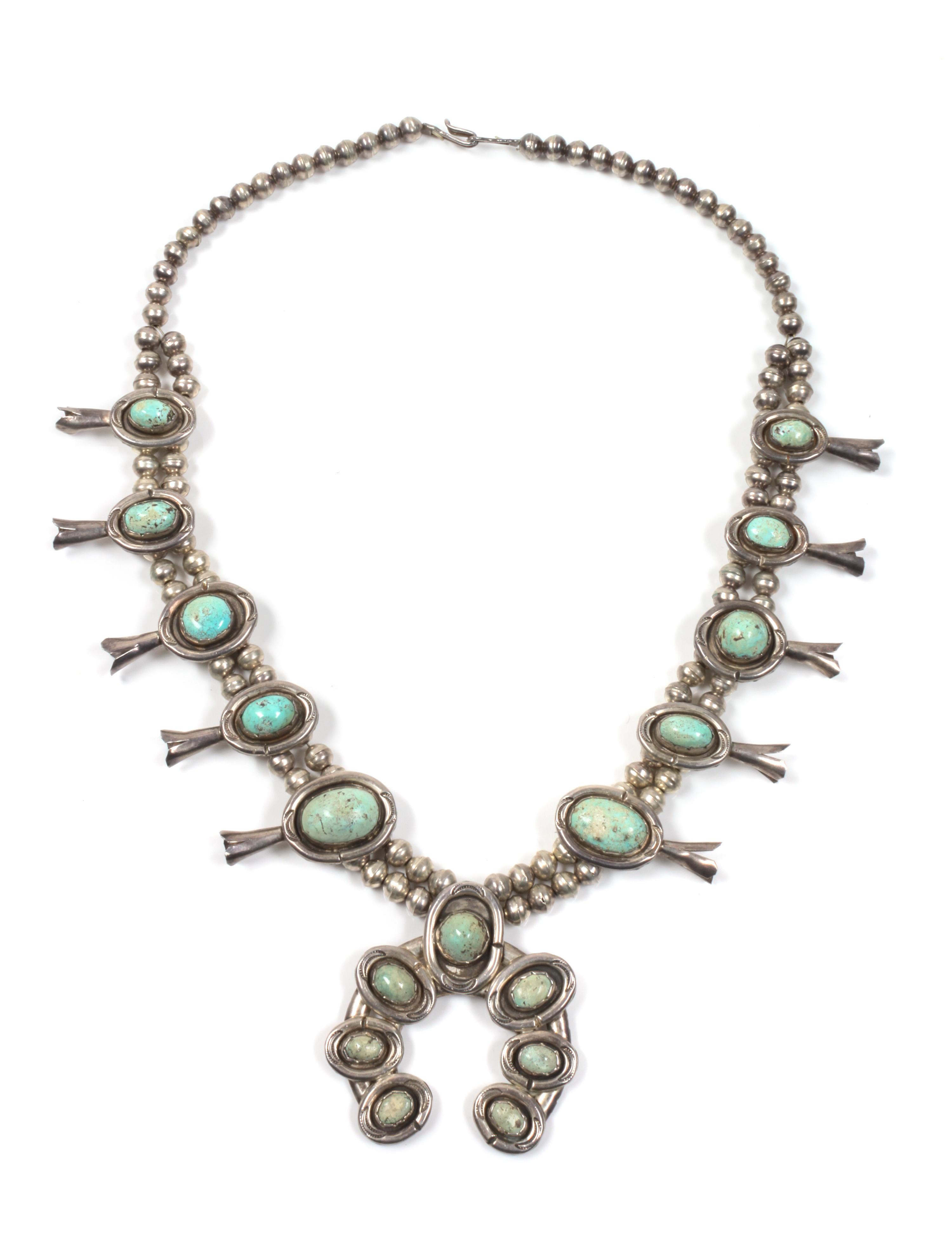 Southwestern Silver and Turquoise Squash Blossom Necklace Length 22 inches