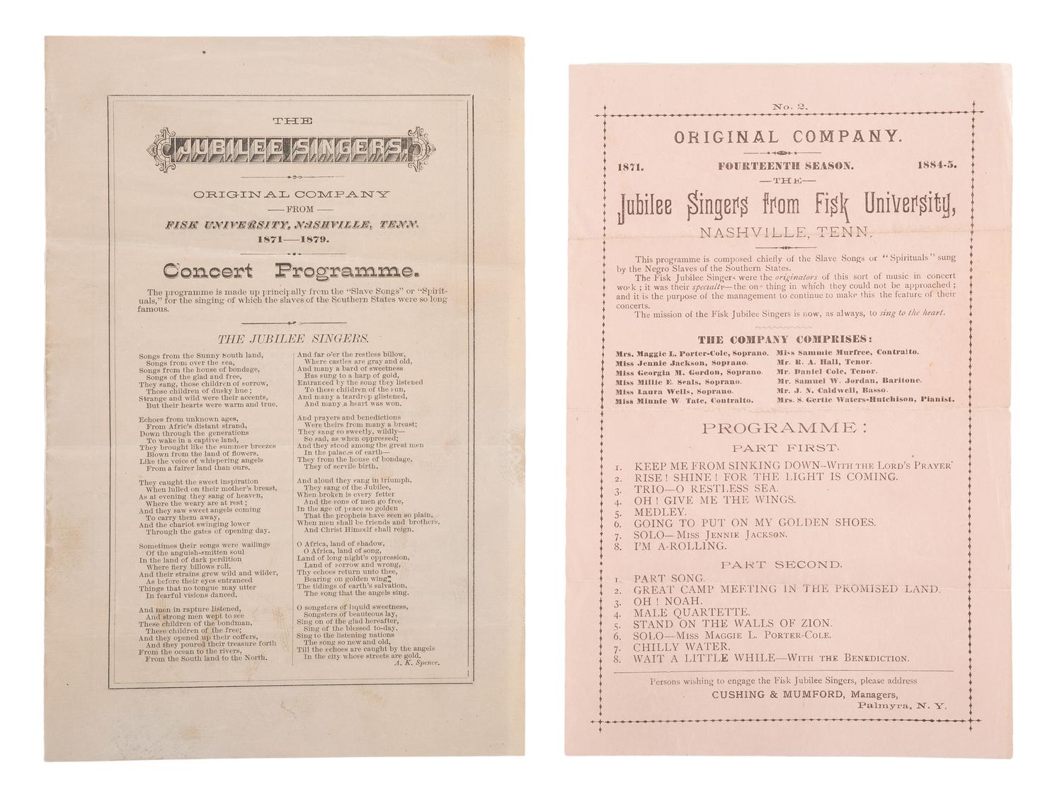 [MUSIC]. A group of tickets, handbills, and programs from the Fisk Jubilee Singers, comprising:
