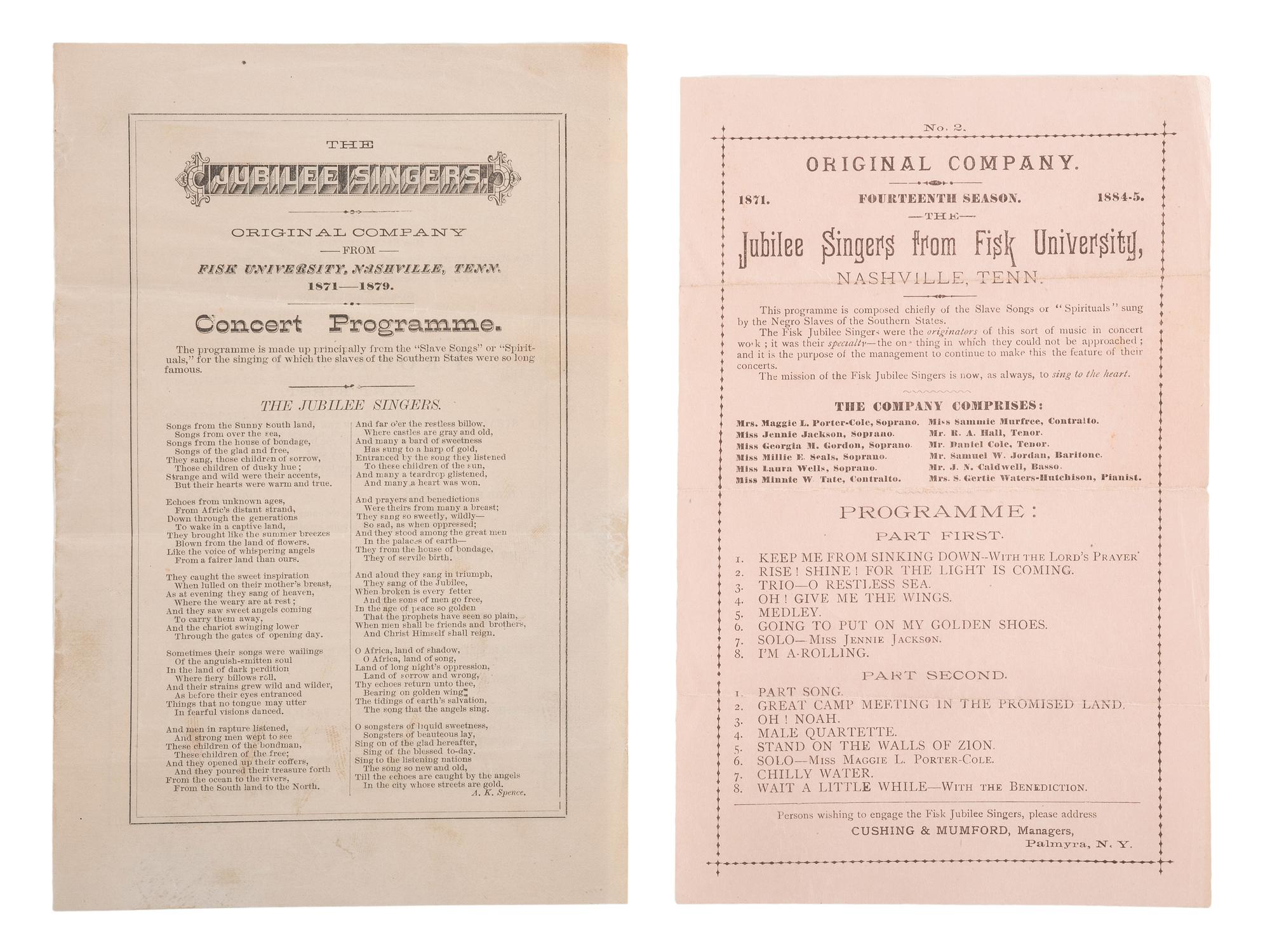 [MUSIC]. A group of tickets, handbills, and programs from the Fisk Jubilee Singers, comprising: