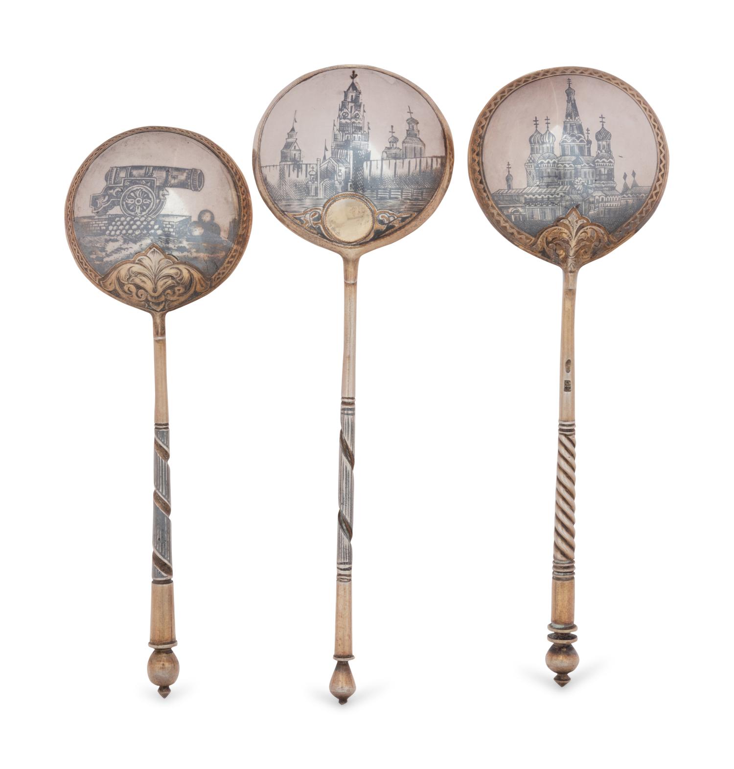 Three Russian Niello Silver Spoons